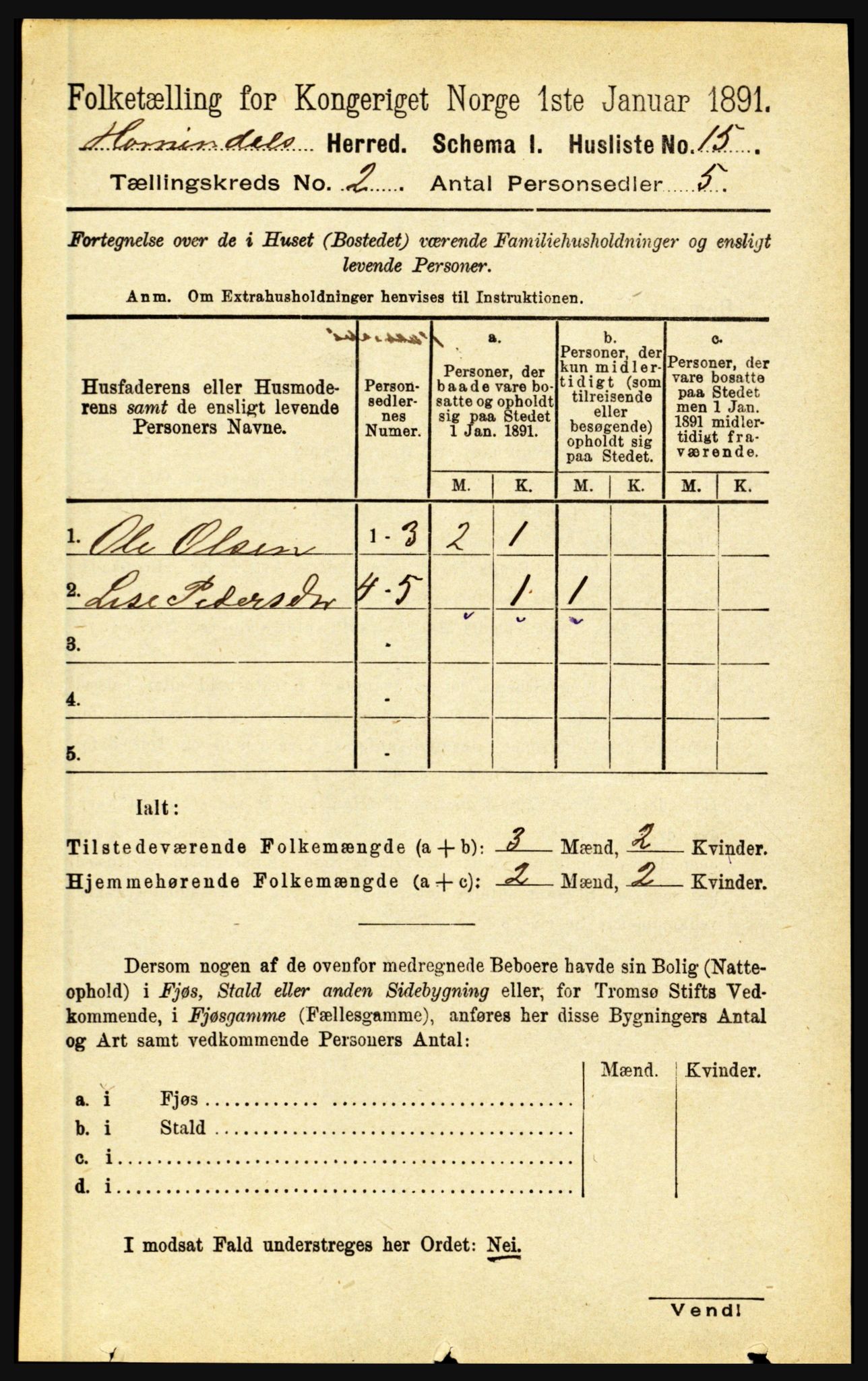 RA, 1891 census for 1444 Hornindal, 1891, p. 313