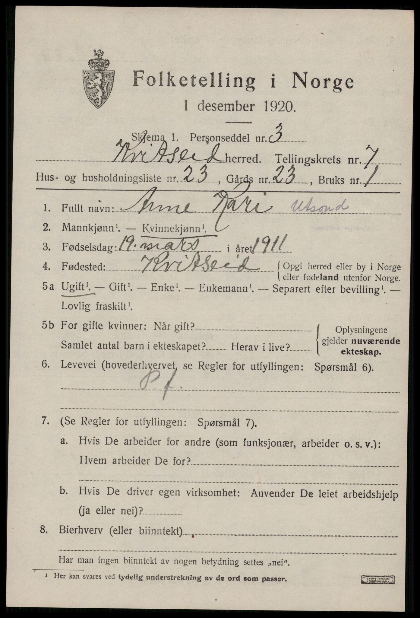 SAKO, 1920 census for Kviteseid, 1920, p. 3725