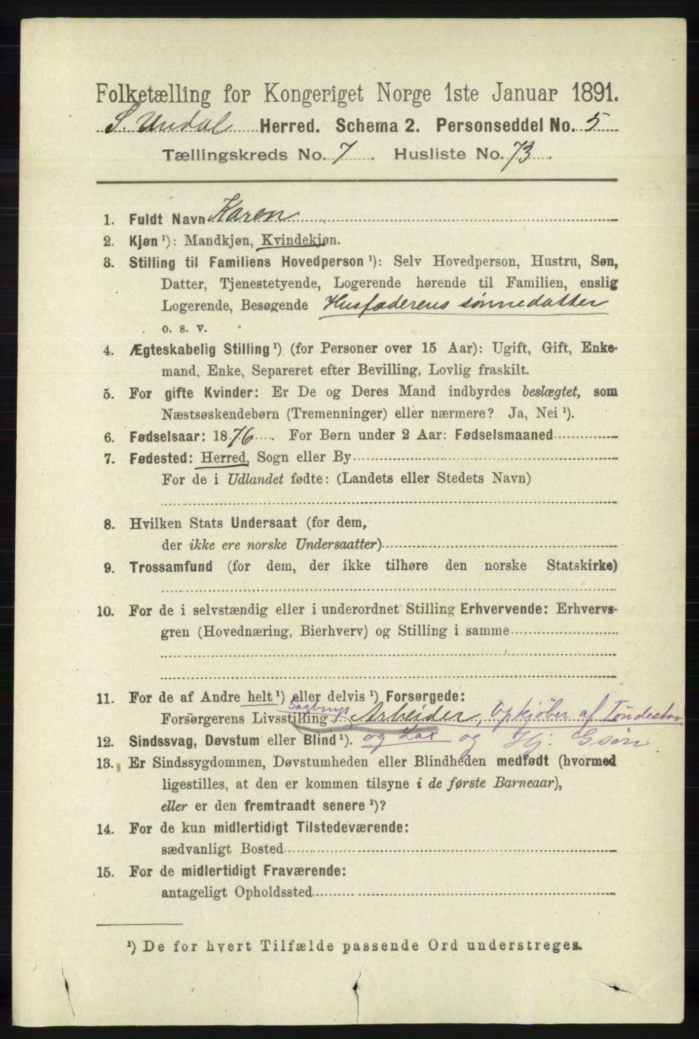 RA, 1891 census for 1029 Sør-Audnedal, 1891, p. 2963