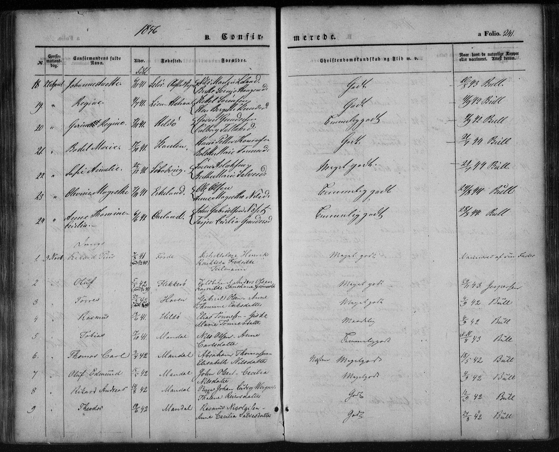 Mandal sokneprestkontor, AV/SAK-1111-0030/F/Fa/Faa/L0013: Parish register (official) no. A 13, 1847-1859, p. 241