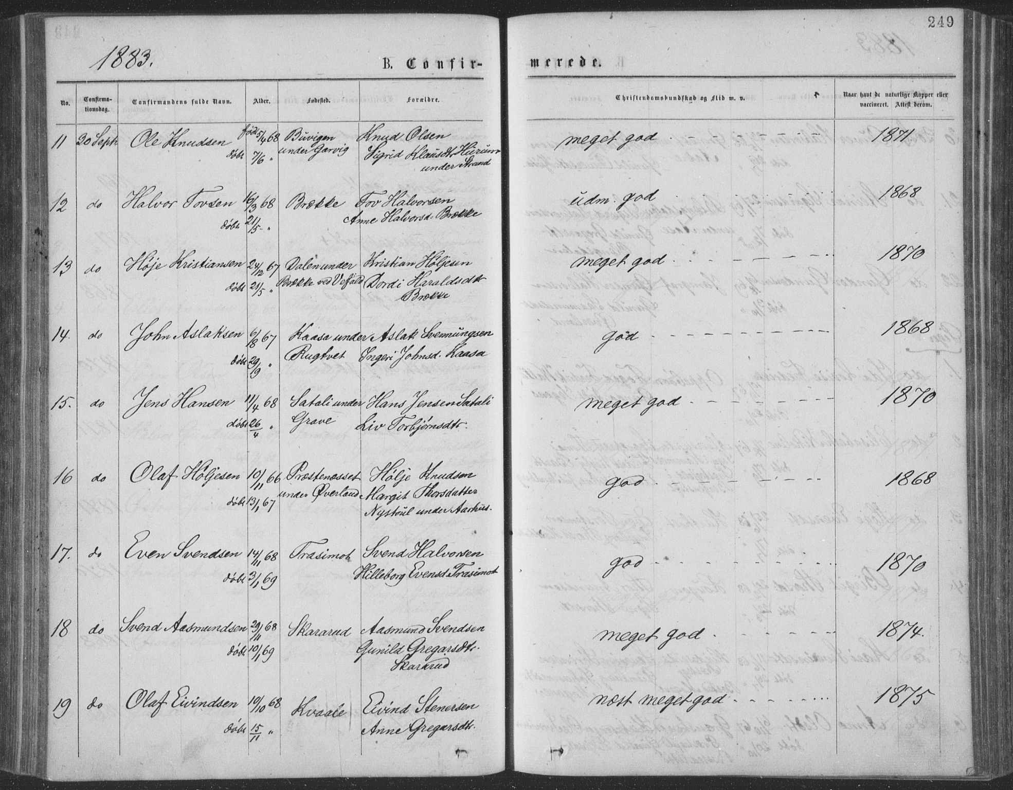Seljord kirkebøker, SAKO/A-20/F/Fa/L0014: Parish register (official) no. I 14, 1877-1886, p. 249