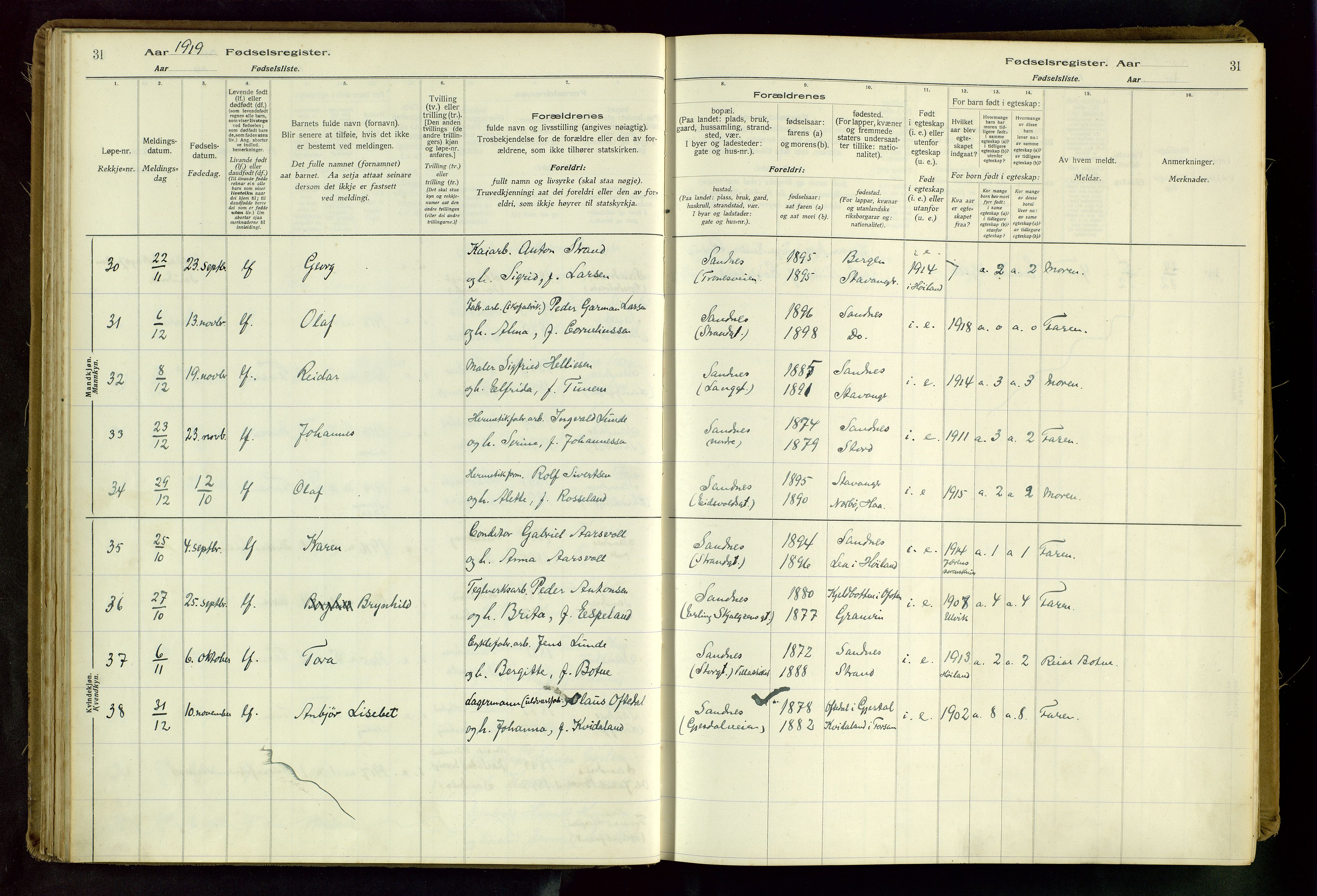 Sandnes sokneprestkontor, SAST/A-101800/704BA/L0001: Birth register no. 1, 1916-1942, p. 31