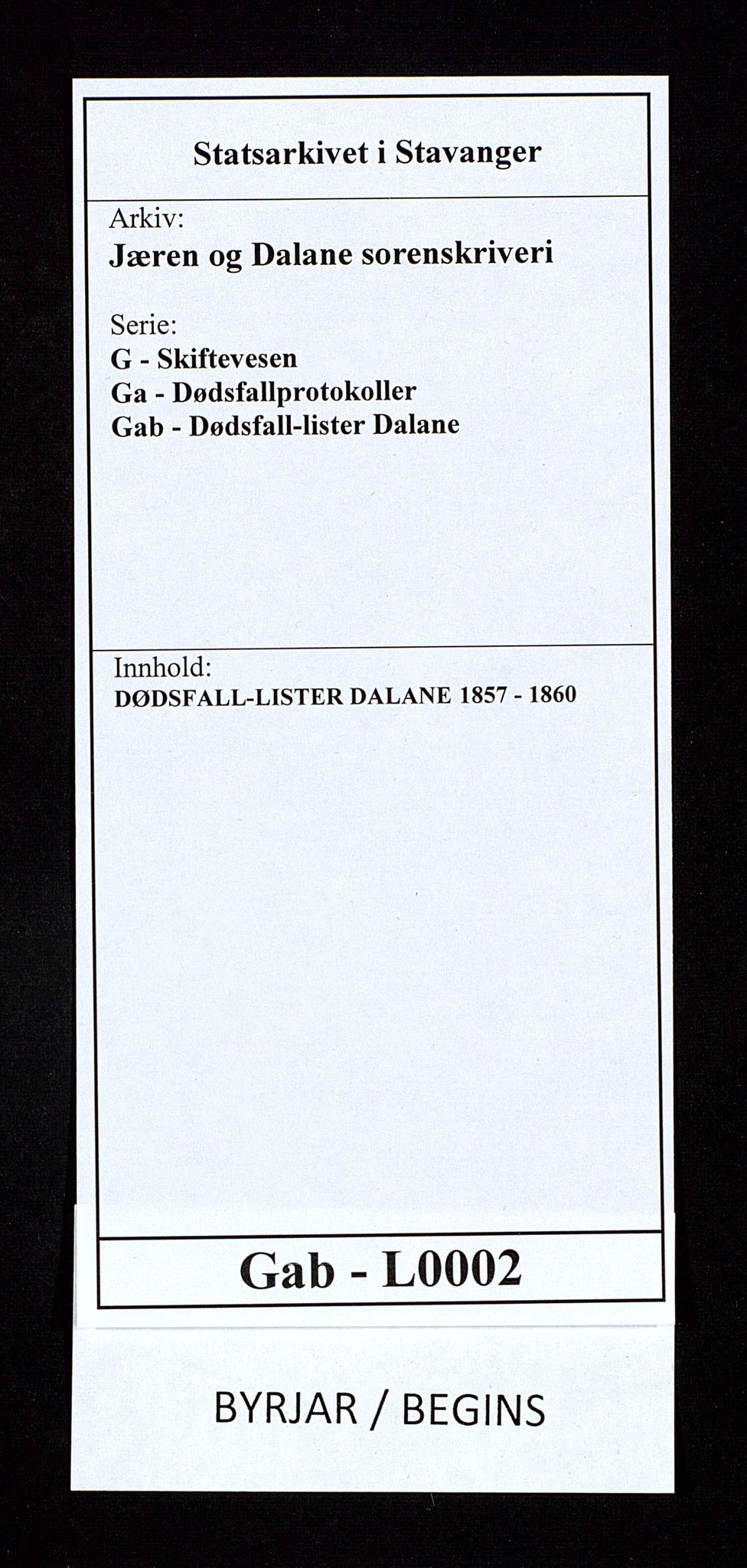 Jæren og Dalane sorenskriveri, SAST/A-100306/5/52AB/L0002: DØDSFALL-LISTER DALANE, 1857-1860, p. 1