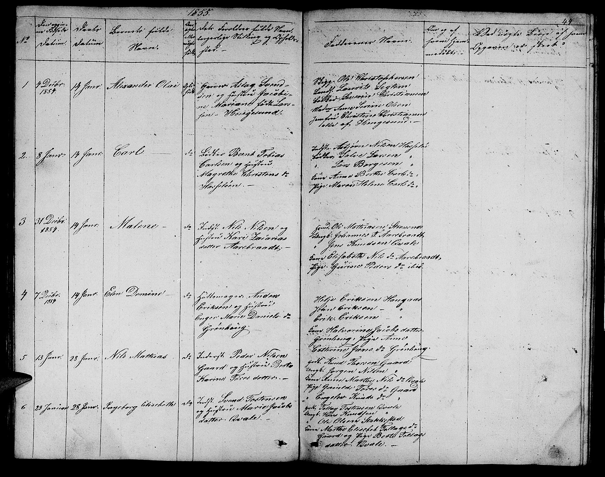 Torvastad sokneprestkontor, SAST/A -101857/H/Ha/Hab/L0004: Parish register (copy) no. B 4, 1850-1864, p. 44