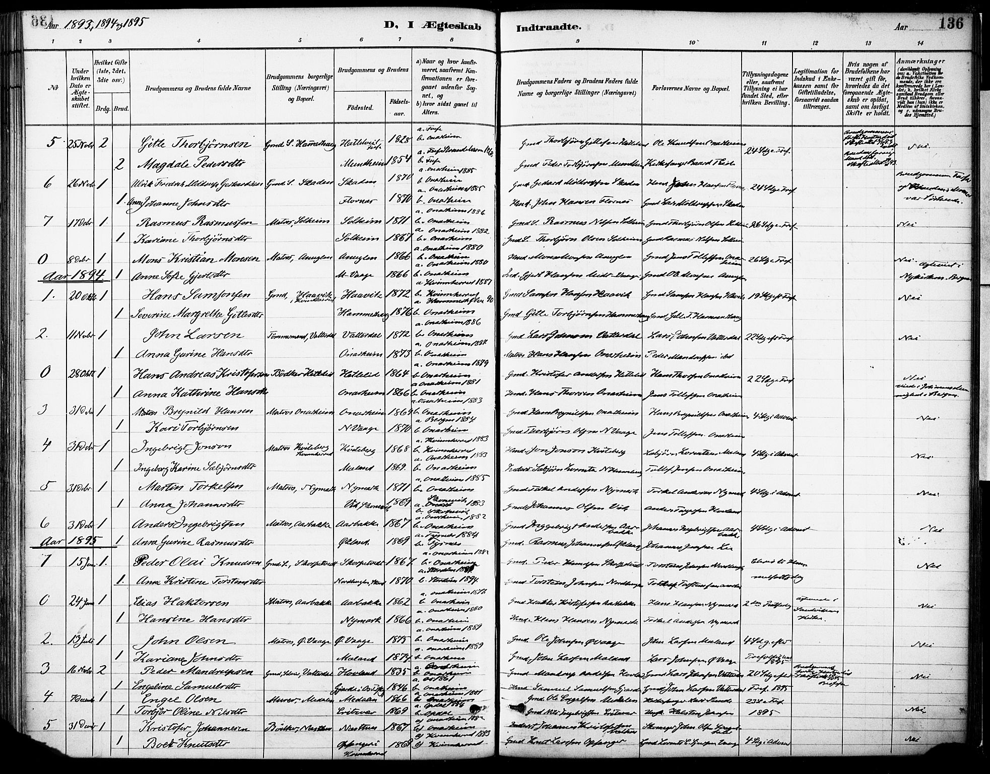 Tysnes sokneprestembete, SAB/A-78601/H/Haa: Parish register (official) no. C 1, 1887-1912, p. 136