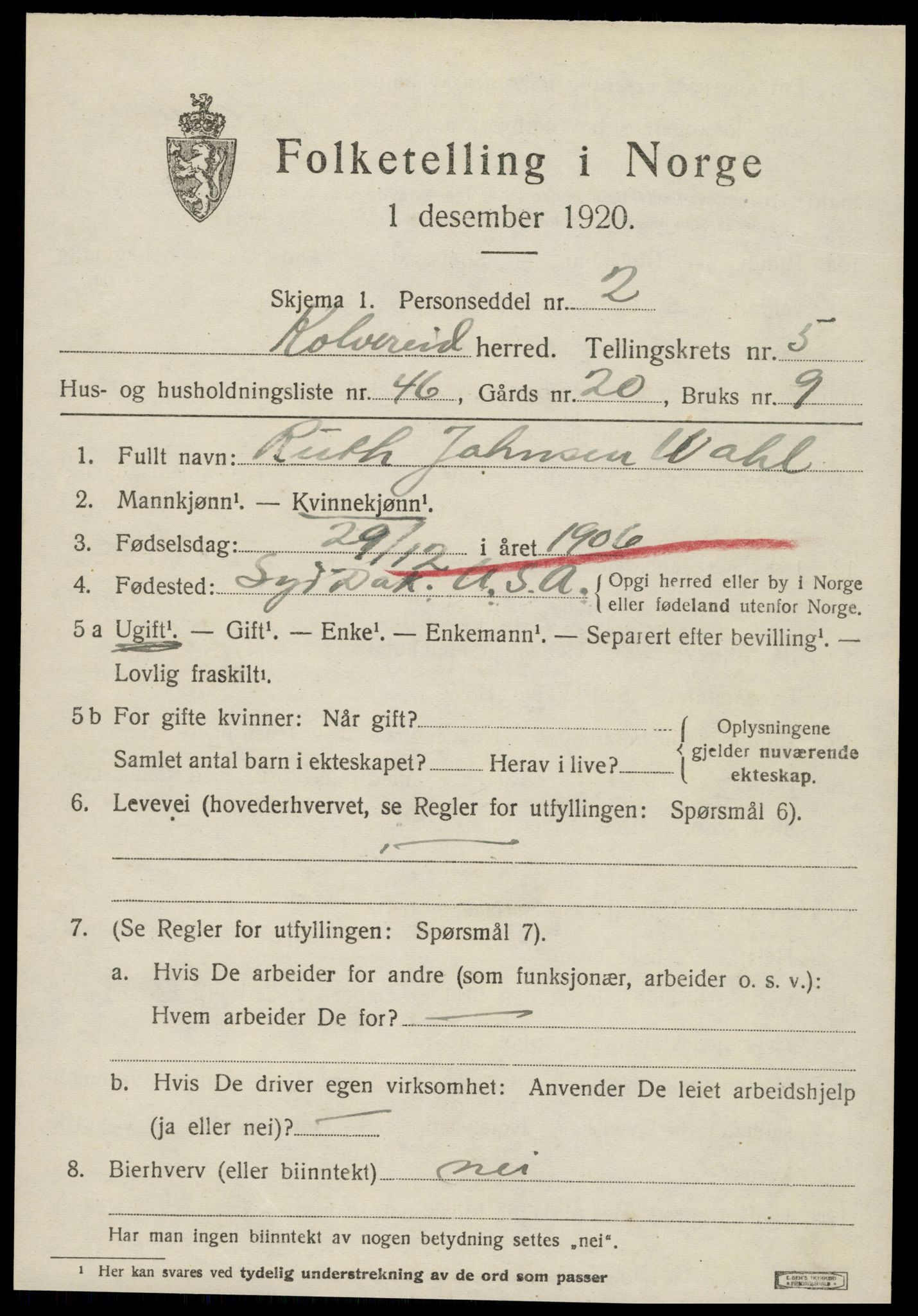 SAT, 1920 census for Kolvereid, 1920, p. 3553