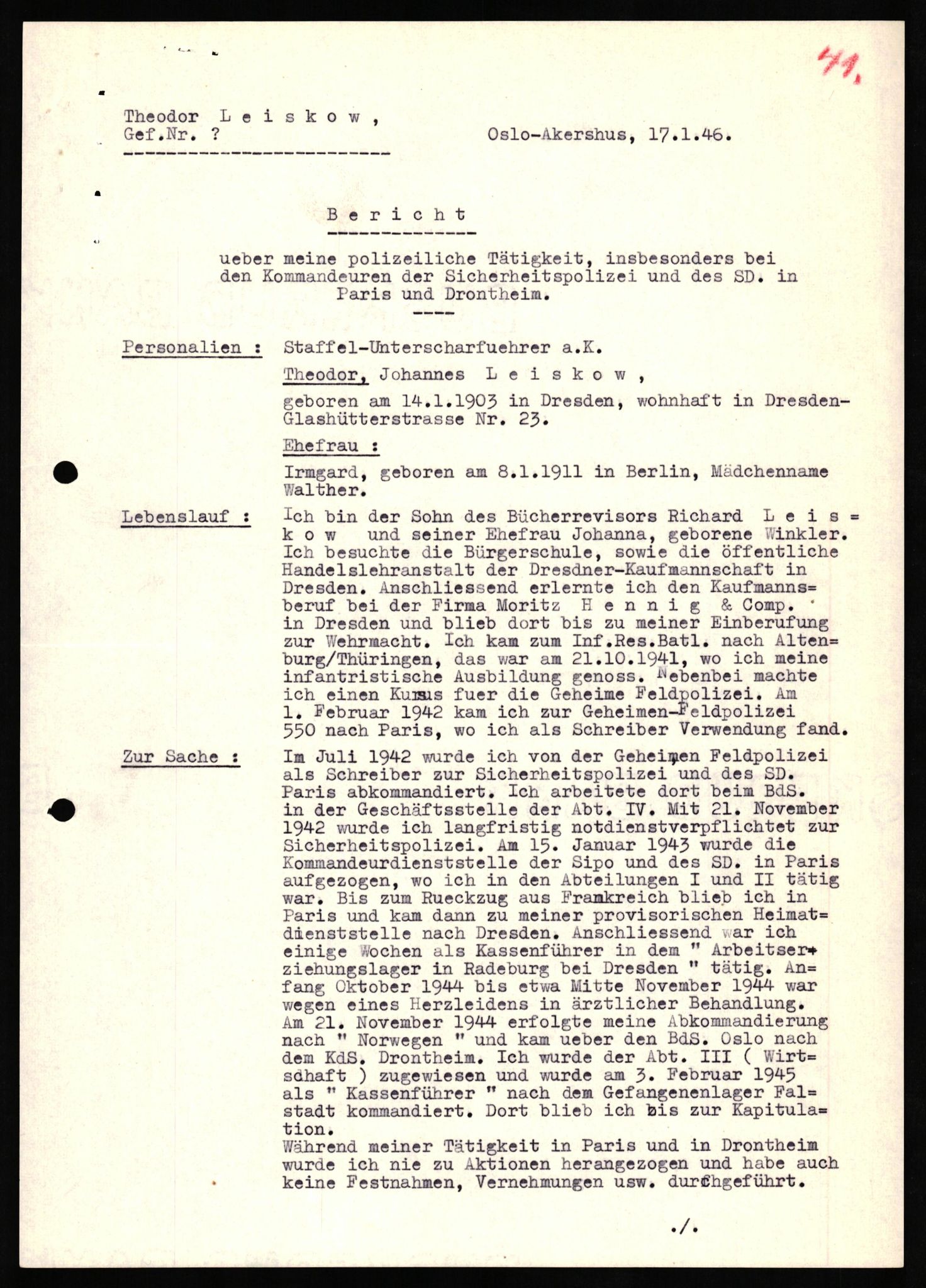 Forsvaret, Forsvarets overkommando II, AV/RA-RAFA-3915/D/Db/L0020: CI Questionaires. Tyske okkupasjonsstyrker i Norge. Tyskere., 1945-1946, p. 80