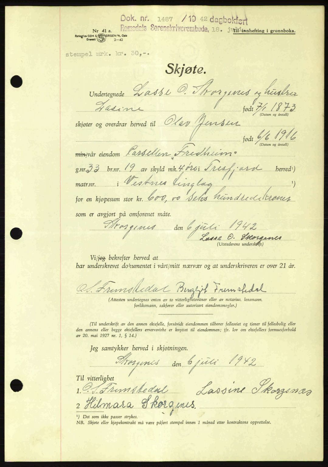 Romsdal sorenskriveri, AV/SAT-A-4149/1/2/2C: Mortgage book no. A12, 1942-1942, Diary no: : 1487/1942