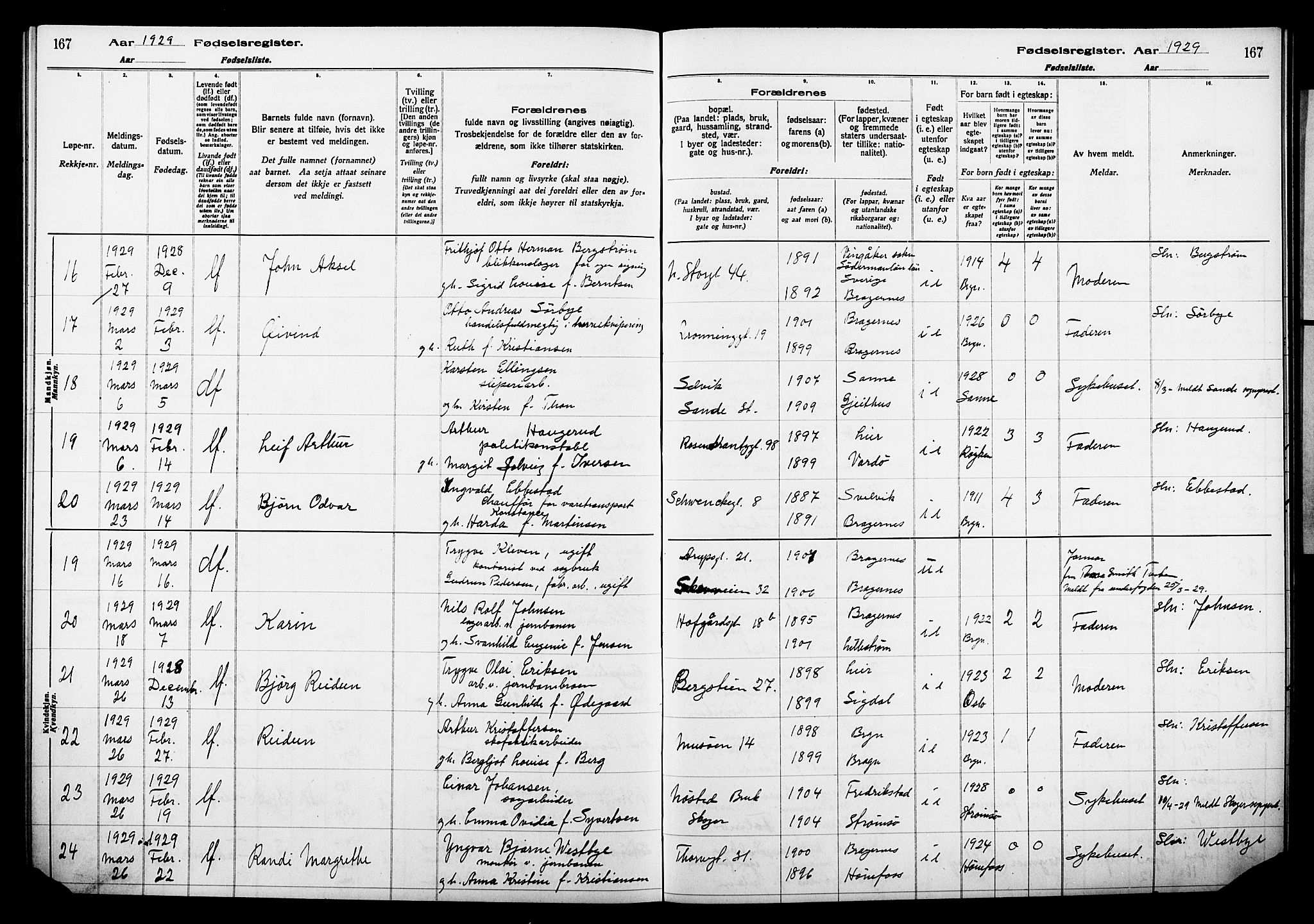 Bragernes kirkebøker, AV/SAKO-A-6/J/Ja/L0002: Birth register no. 2, 1922-1930, p. 167