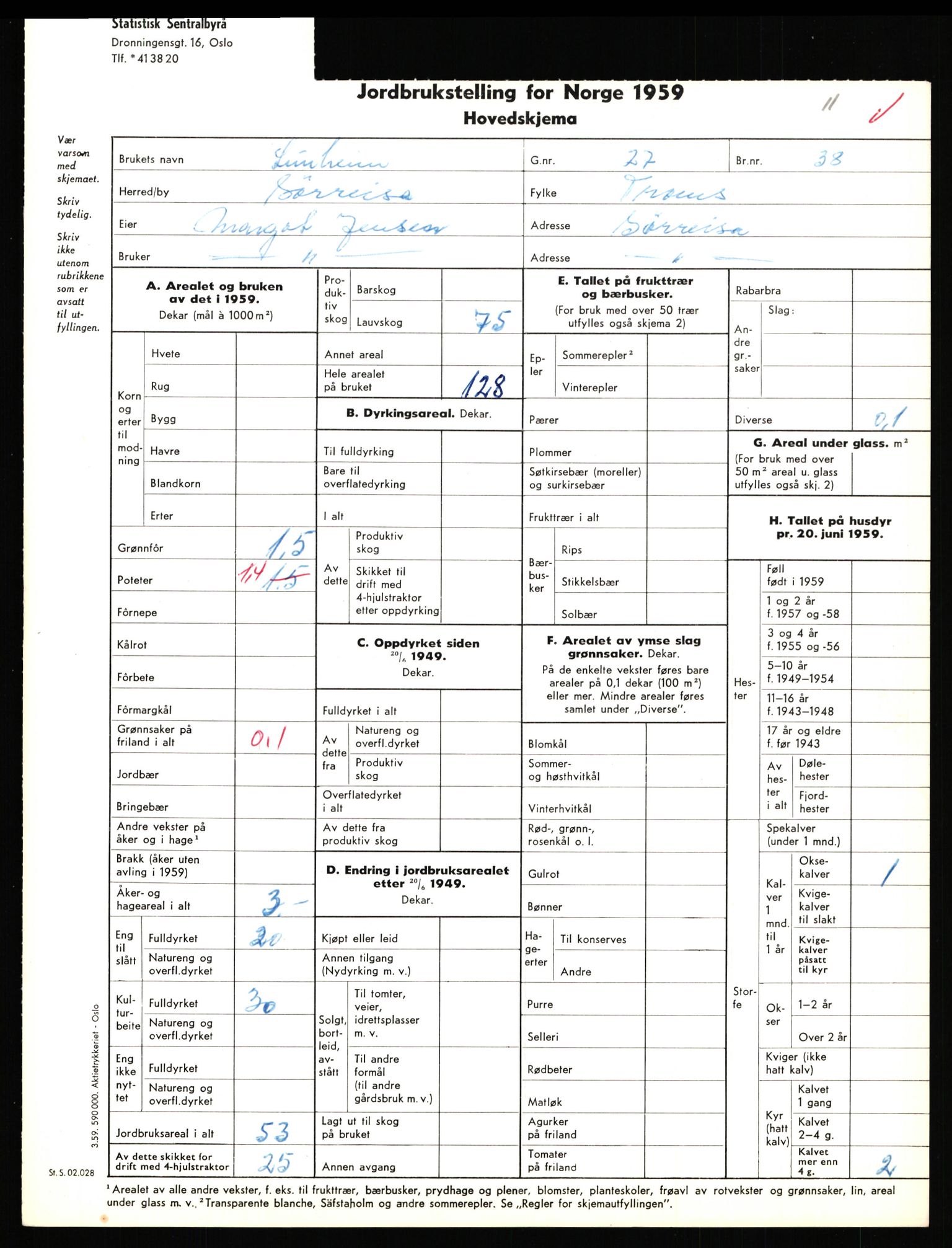 Statistisk sentralbyrå, Næringsøkonomiske emner, Jordbruk, skogbruk, jakt, fiske og fangst, AV/RA-S-2234/G/Gd/L0656: Troms: 1924 Målselv (kl. 0-3) og 1925 Sørreisa, 1959, p. 1216