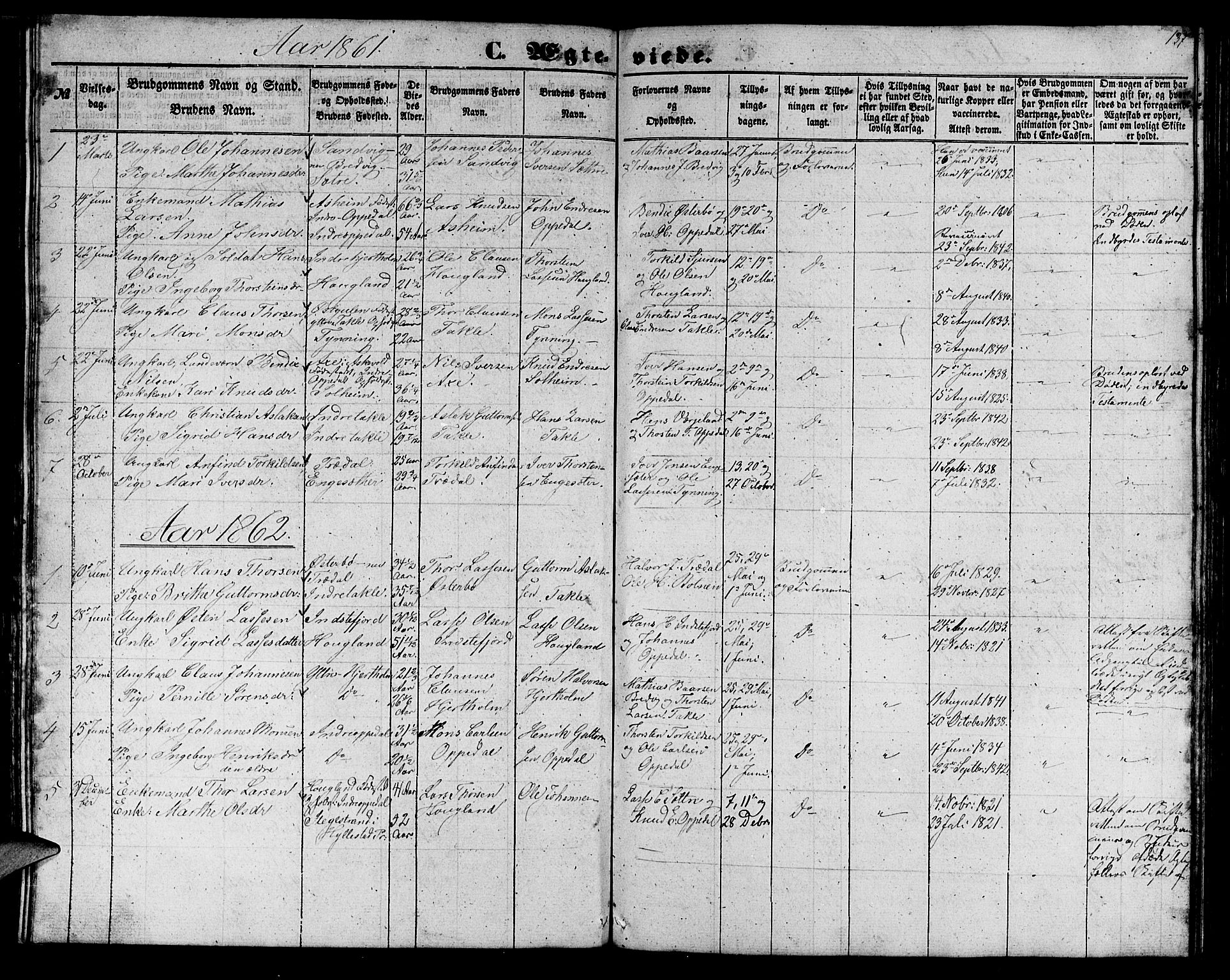 Gulen sokneprestembete, SAB/A-80201/H/Hab/Habc/L0001: Parish register (copy) no. C 1, 1853-1880, p. 137