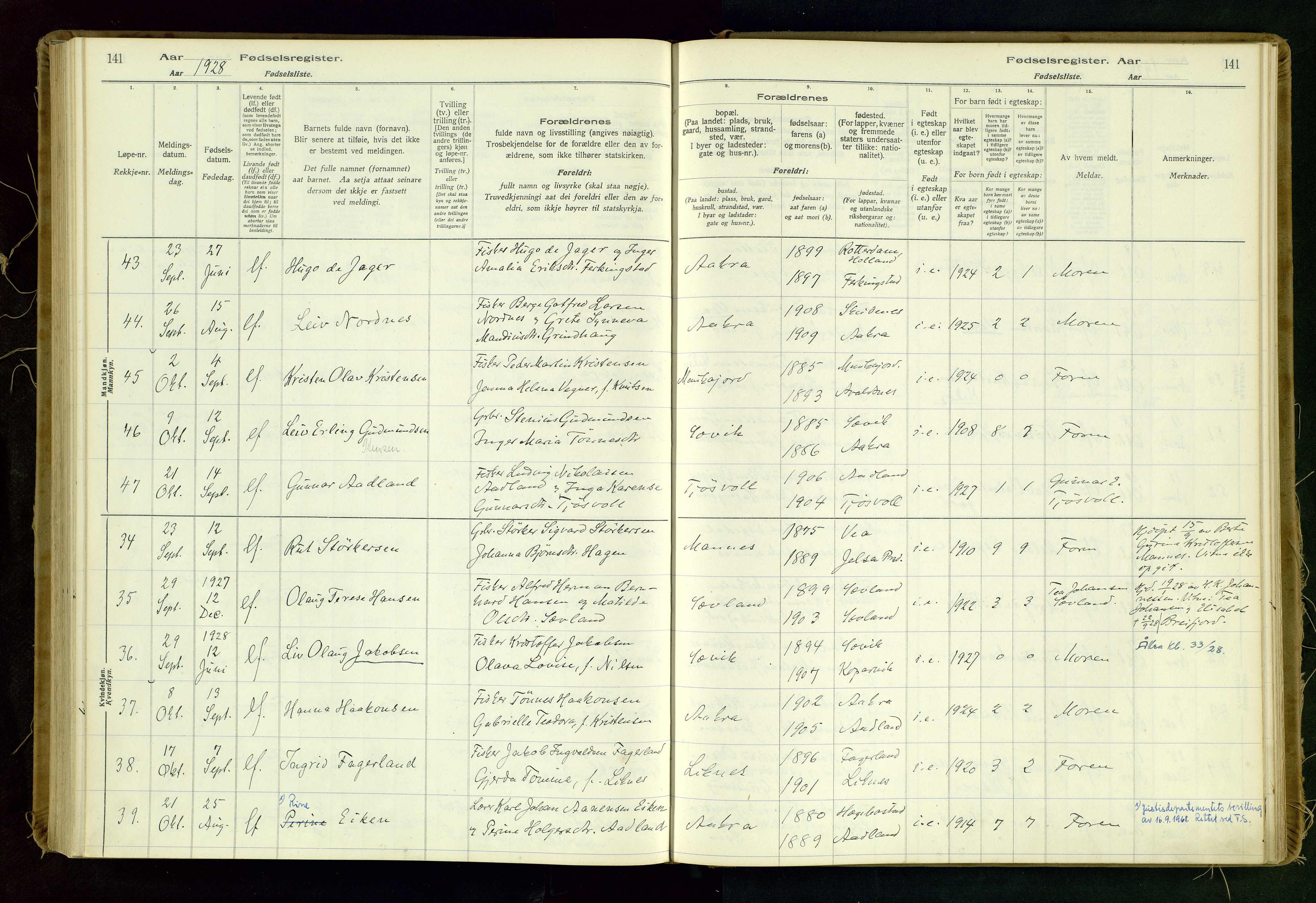 Kopervik sokneprestkontor, AV/SAST-A-101850/I/Id/L0006: Birth register no. 6, 1916-1934, p. 141