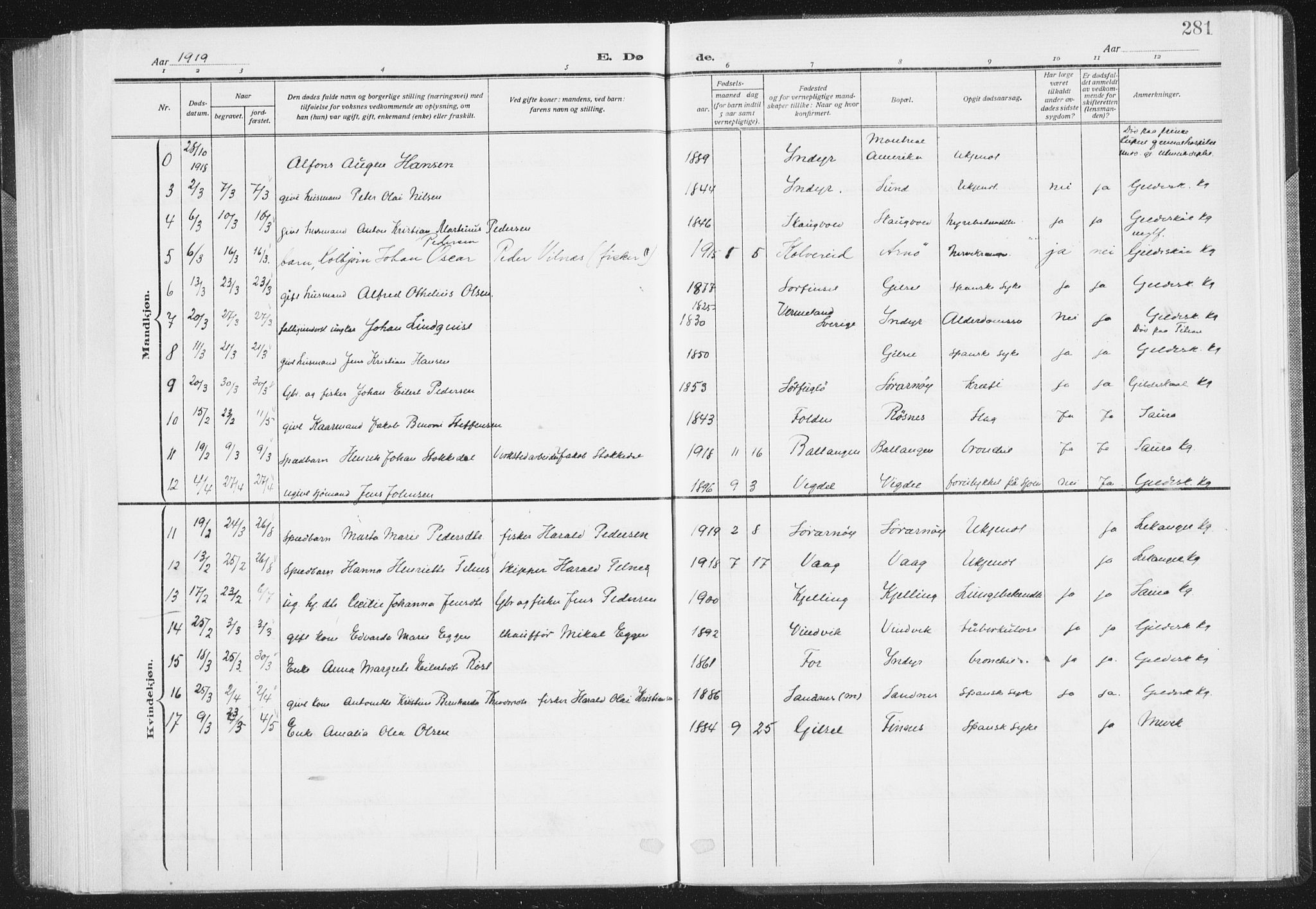 Ministerialprotokoller, klokkerbøker og fødselsregistre - Nordland, SAT/A-1459/805/L0104: Parish register (official) no. 805A09, 1909-1926, p. 281