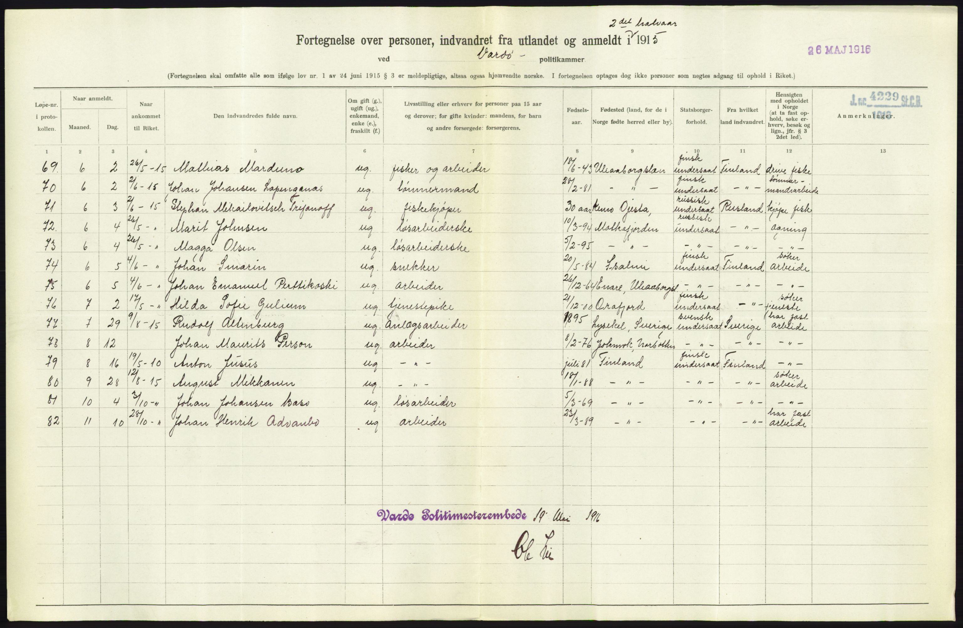 Statistisk sentralbyrå, Sosioøkonomiske emner, Folketellinger, boliger og boforhold, AV/RA-S-2231/F/Fa/L0001: Innvandring. Navn/fylkesvis, 1915, p. 211