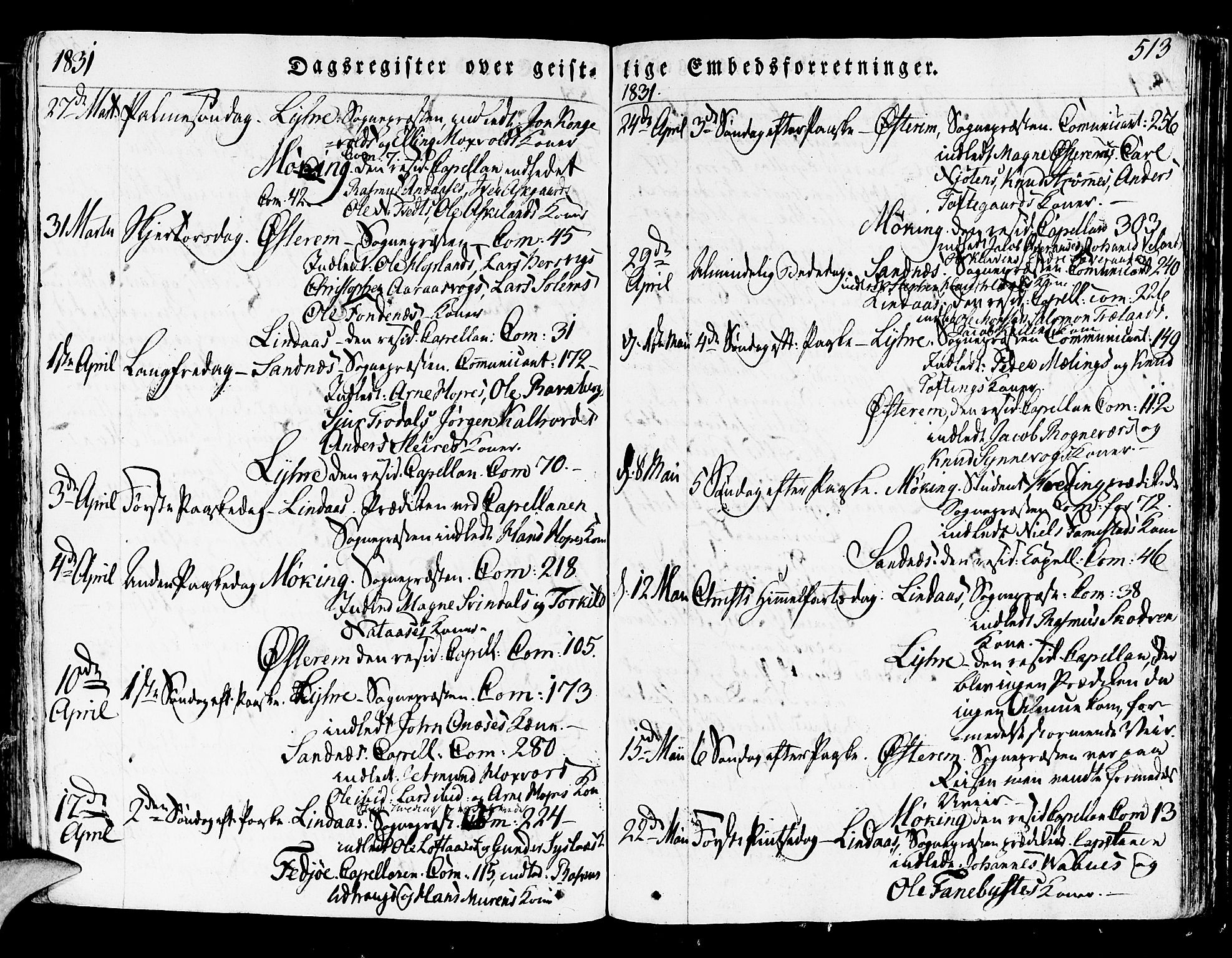 Lindås Sokneprestembete, SAB/A-76701/H/Haa: Parish register (official) no. A 8, 1823-1836, p. 513