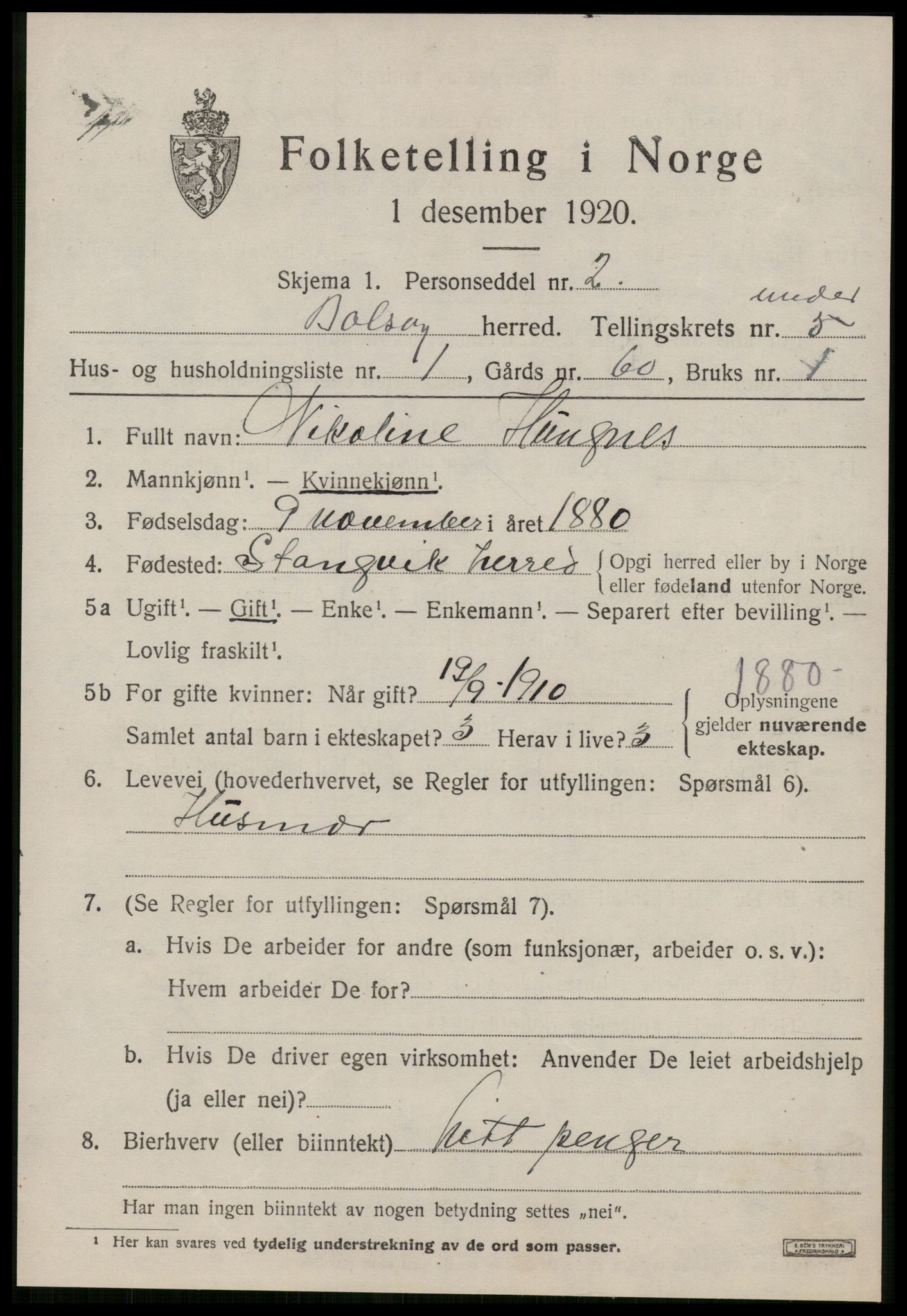 SAT, 1920 census for Bolsøy, 1920, p. 7149