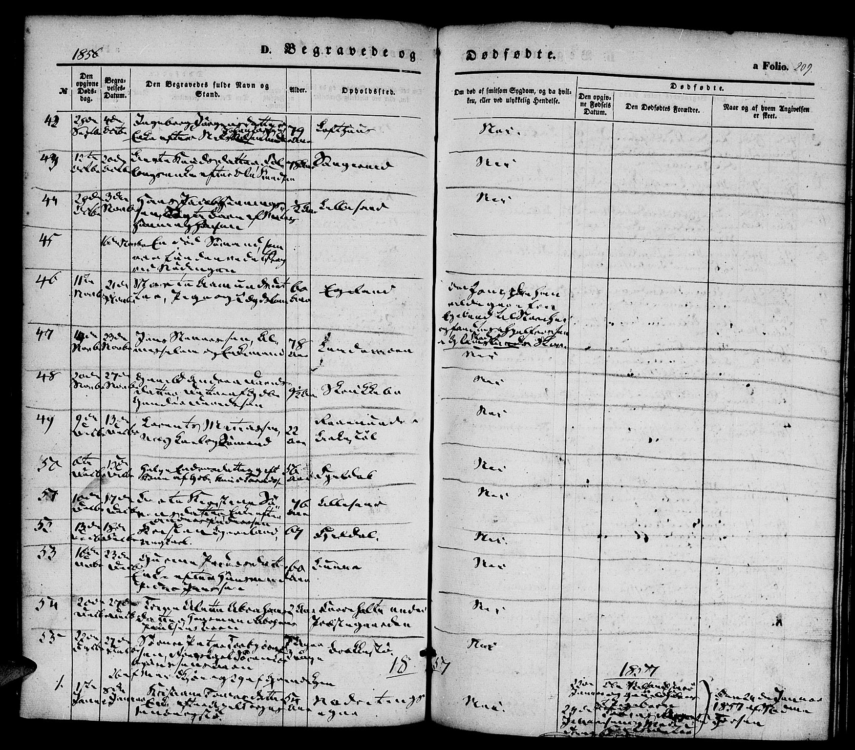 Vestre Moland sokneprestkontor, SAK/1111-0046/F/Fa/Fab/L0006: Parish register (official) no. A 6, 1850-1858, p. 209