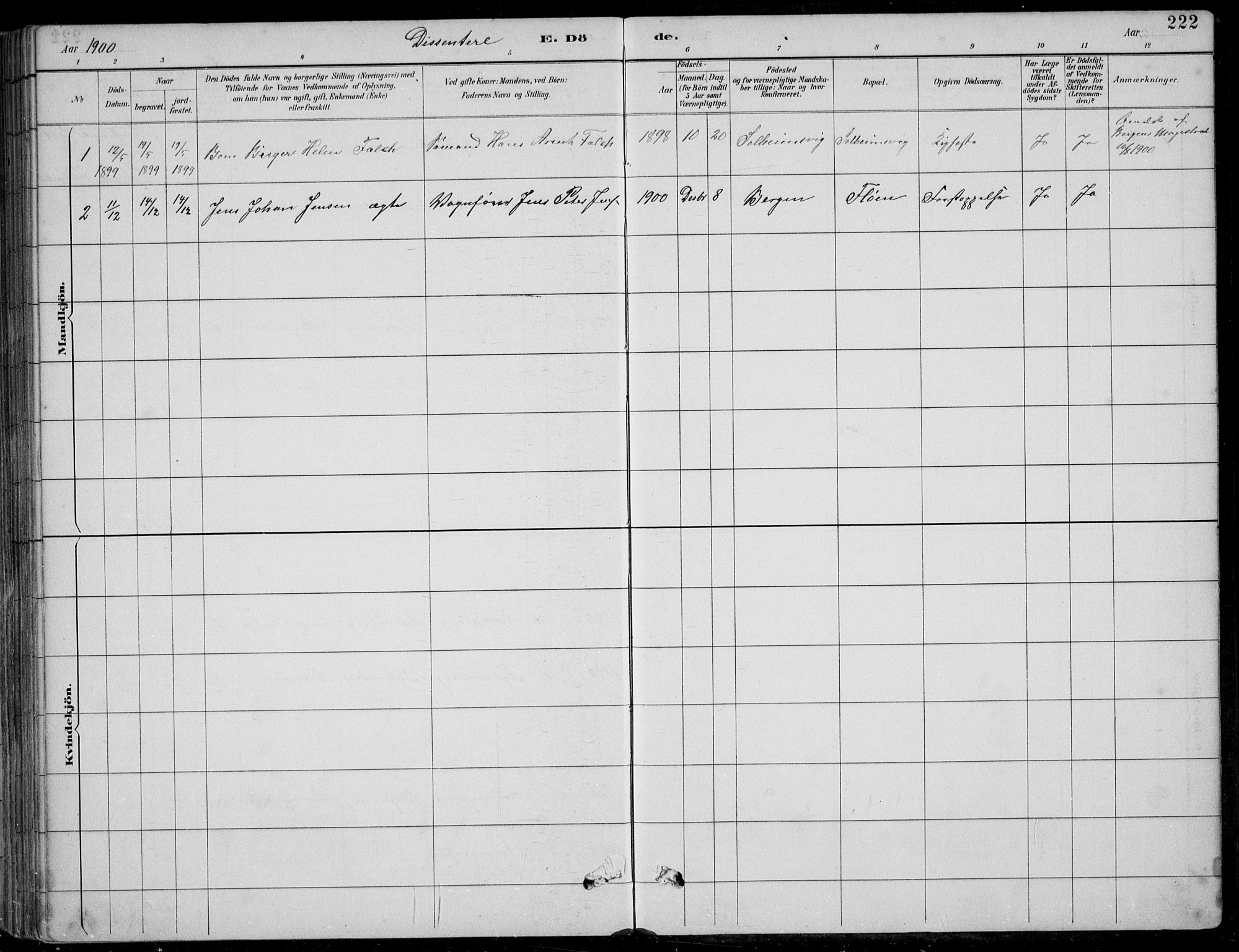 Årstad Sokneprestembete, SAB/A-79301/H/Hab/L0011: Parish register (copy) no. B 1, 1886-1901, p. 222