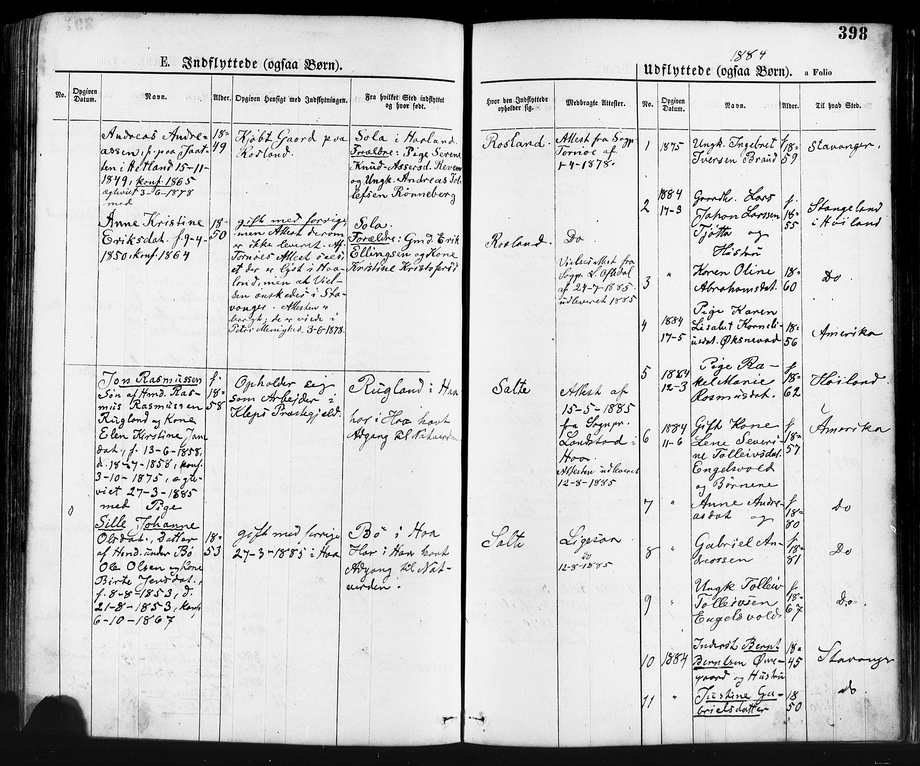 Klepp sokneprestkontor, AV/SAST-A-101803/001/3/30BA/L0006: Parish register (official) no. A 6, 1871-1885, p. 398