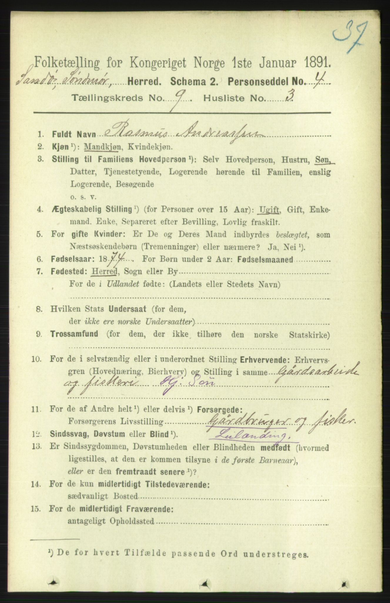 RA, 1891 census for 1514 Sande, 1891, p. 1508