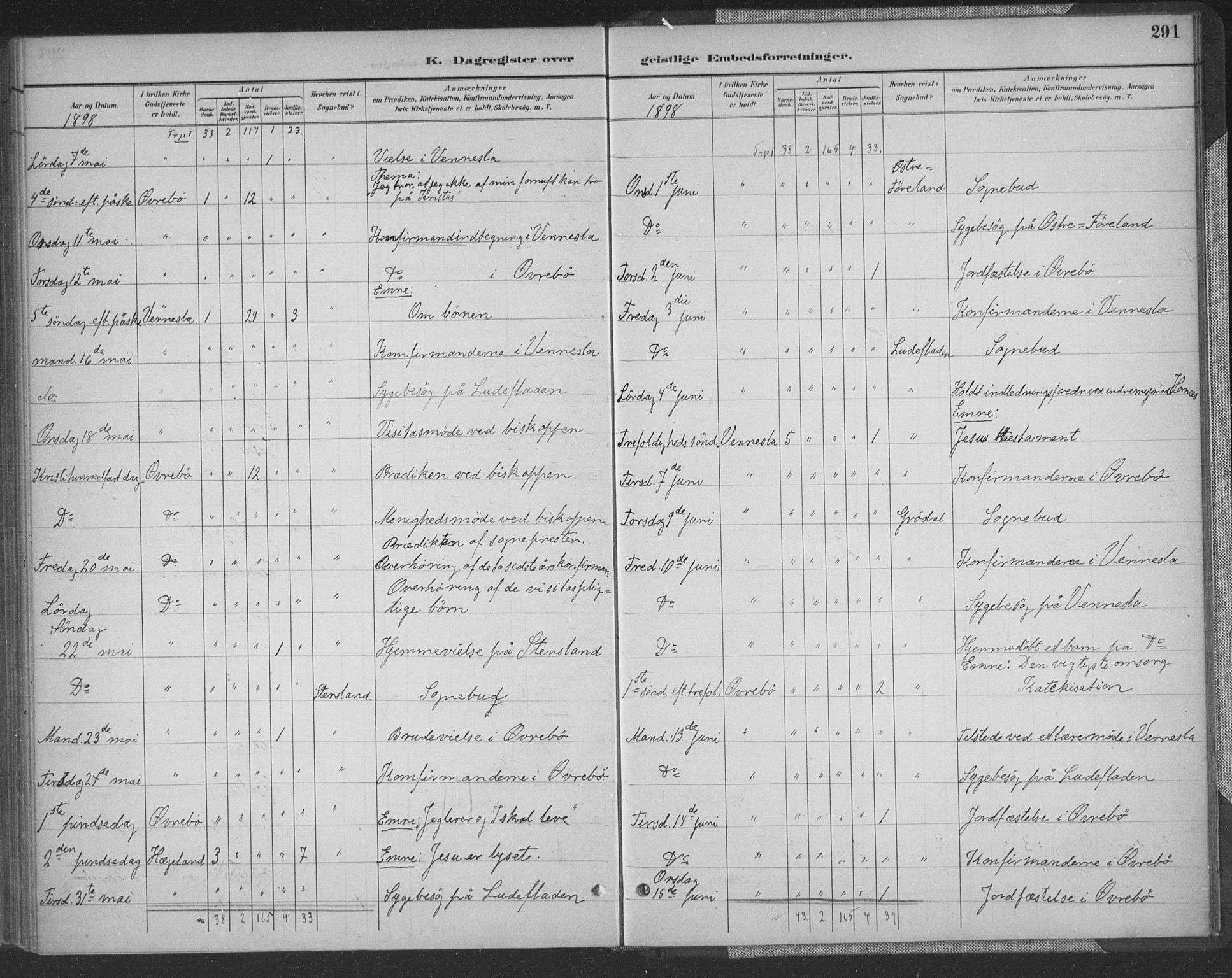 Vennesla sokneprestkontor, AV/SAK-1111-0045/Fa/Fac/L0009: Parish register (official) no. A 9, 1884-1901, p. 291