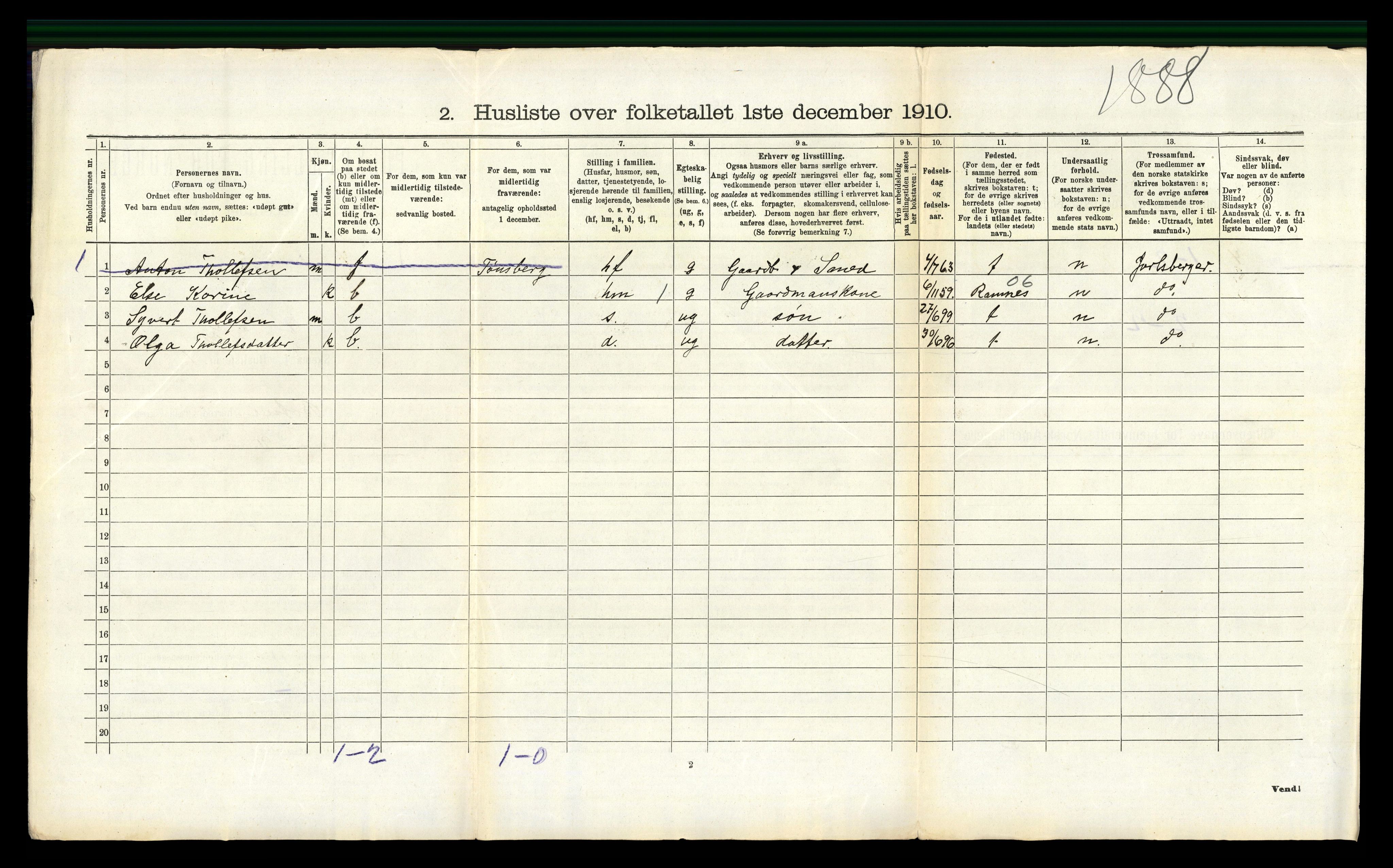 RA, 1910 census for Botne, 1910, p. 657