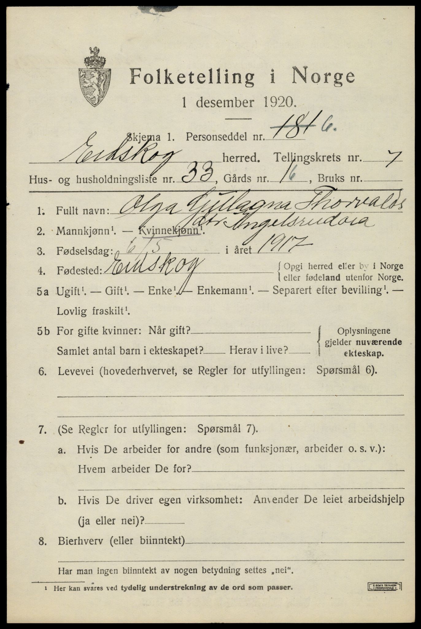 SAH, 1920 census for Eidskog, 1920, p. 8797