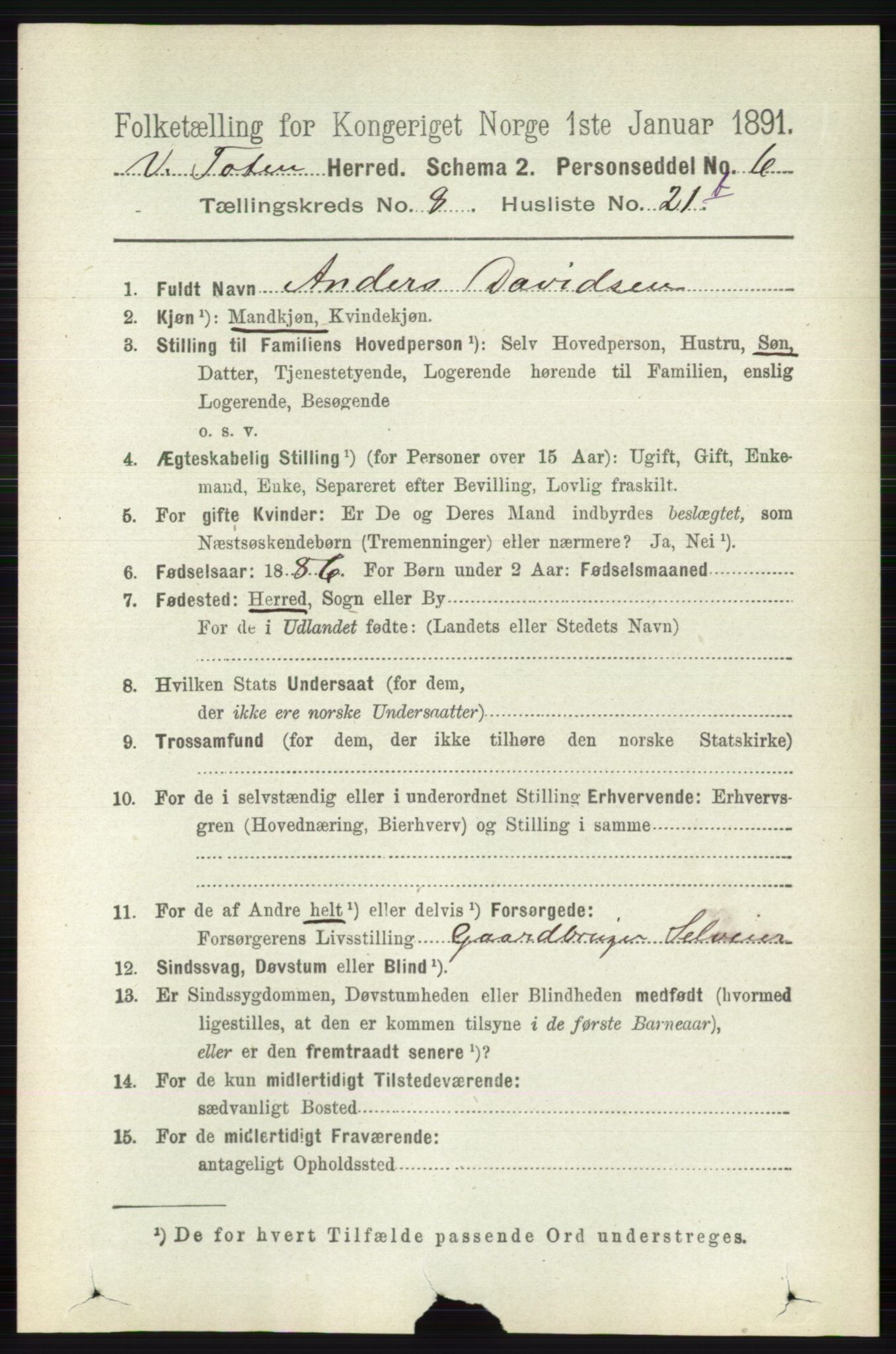 RA, 1891 census for 0529 Vestre Toten, 1891, p. 5131