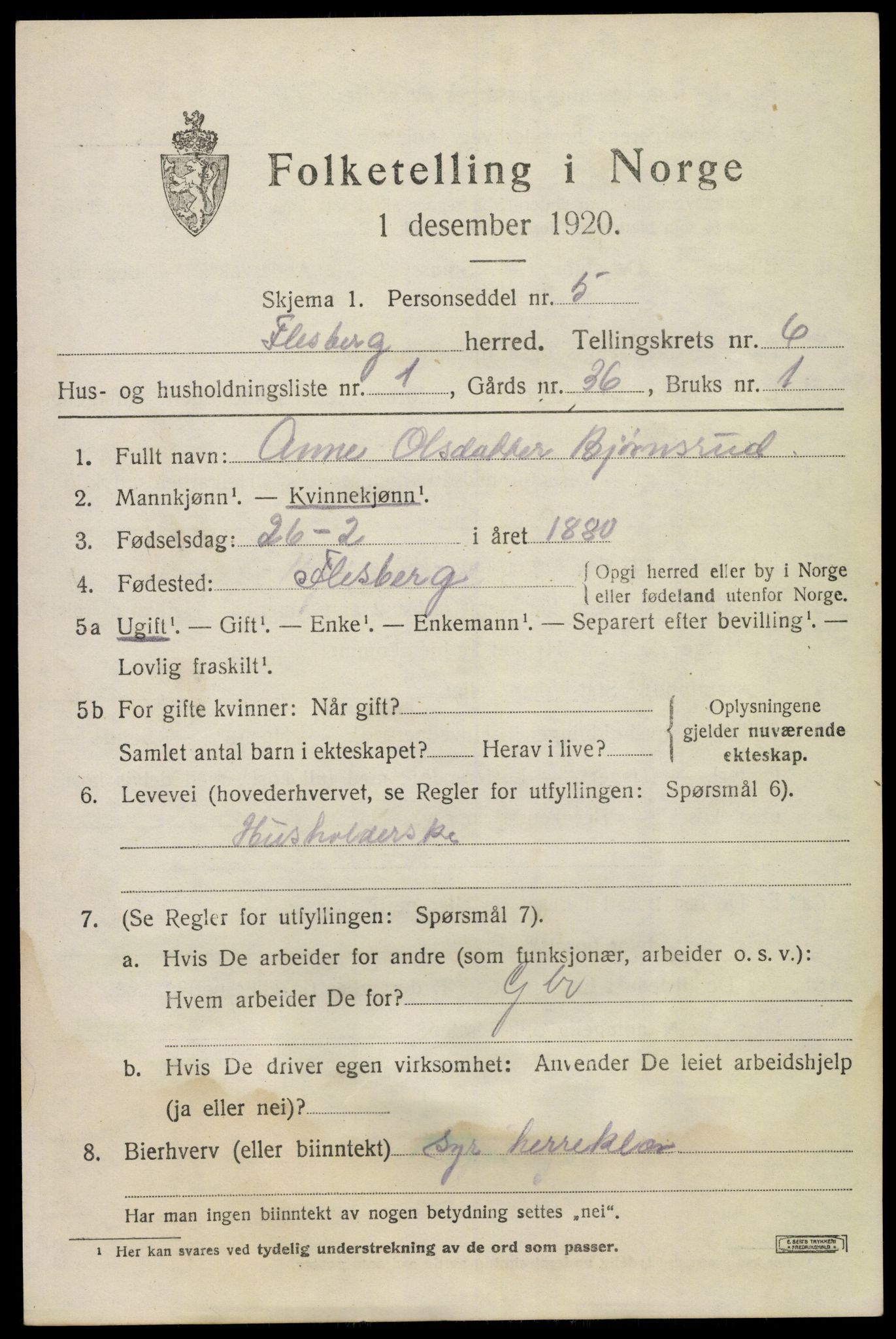 SAKO, 1920 census for Flesberg, 1920, p. 2621