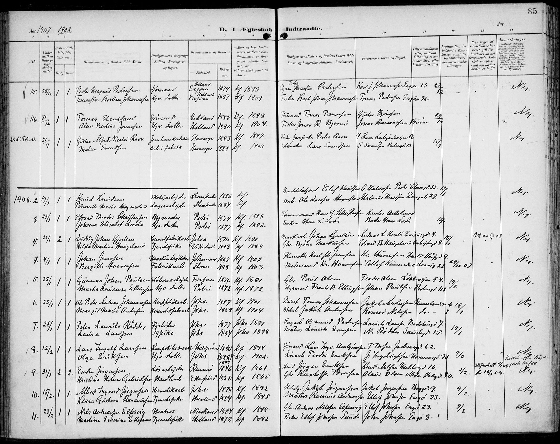 St. Johannes sokneprestkontor, SAST/A-101814/002/B/L0001: Parish register (official) no. A 8, 1899-1917, p. 85