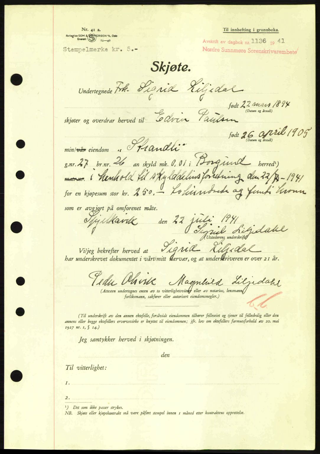 Nordre Sunnmøre sorenskriveri, AV/SAT-A-0006/1/2/2C/2Ca: Mortgage book no. A11, 1941-1941, Diary no: : 1136/1941