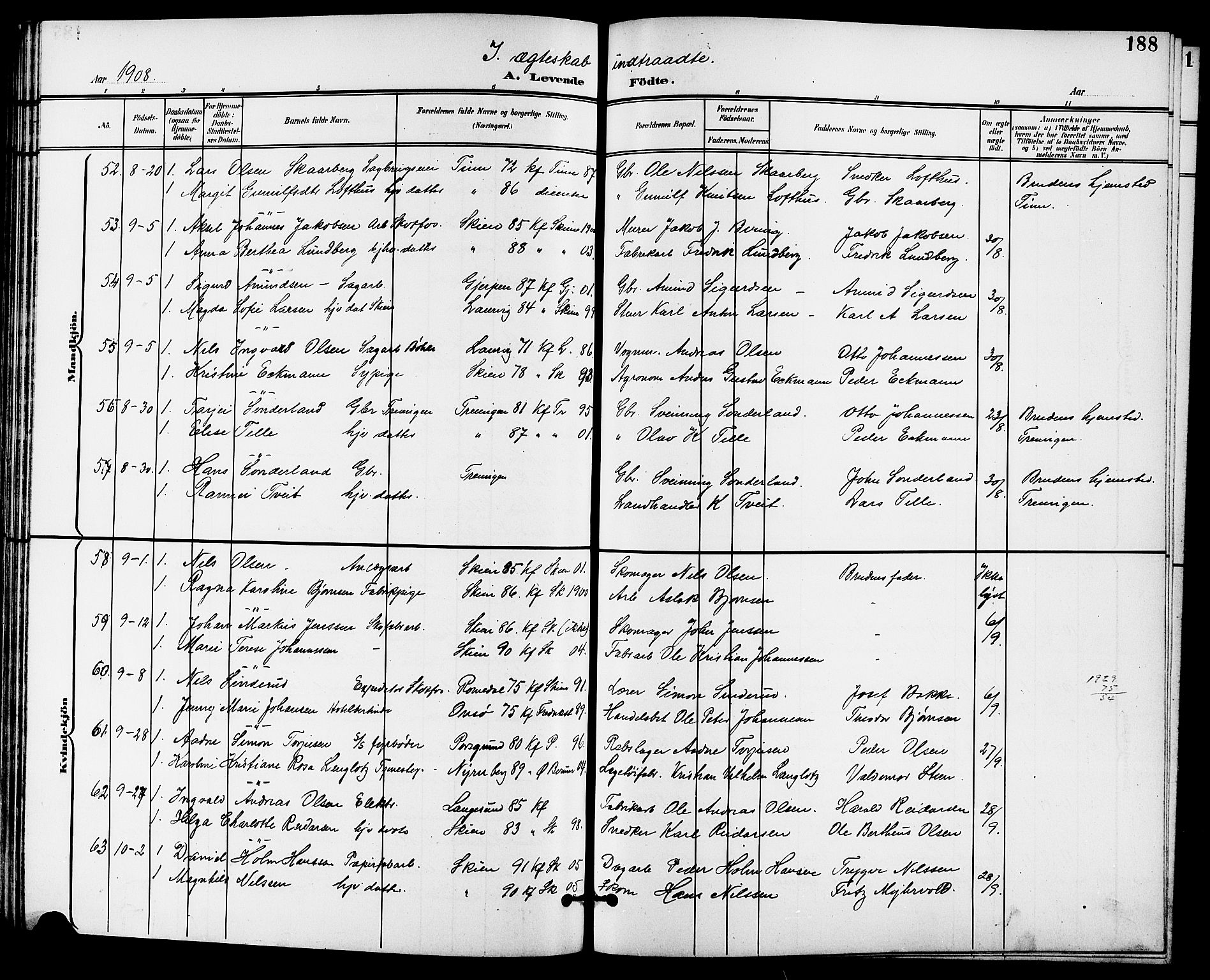 Skien kirkebøker, SAKO/A-302/G/Ga/L0008: Parish register (copy) no. 8, 1900-1910, p. 188