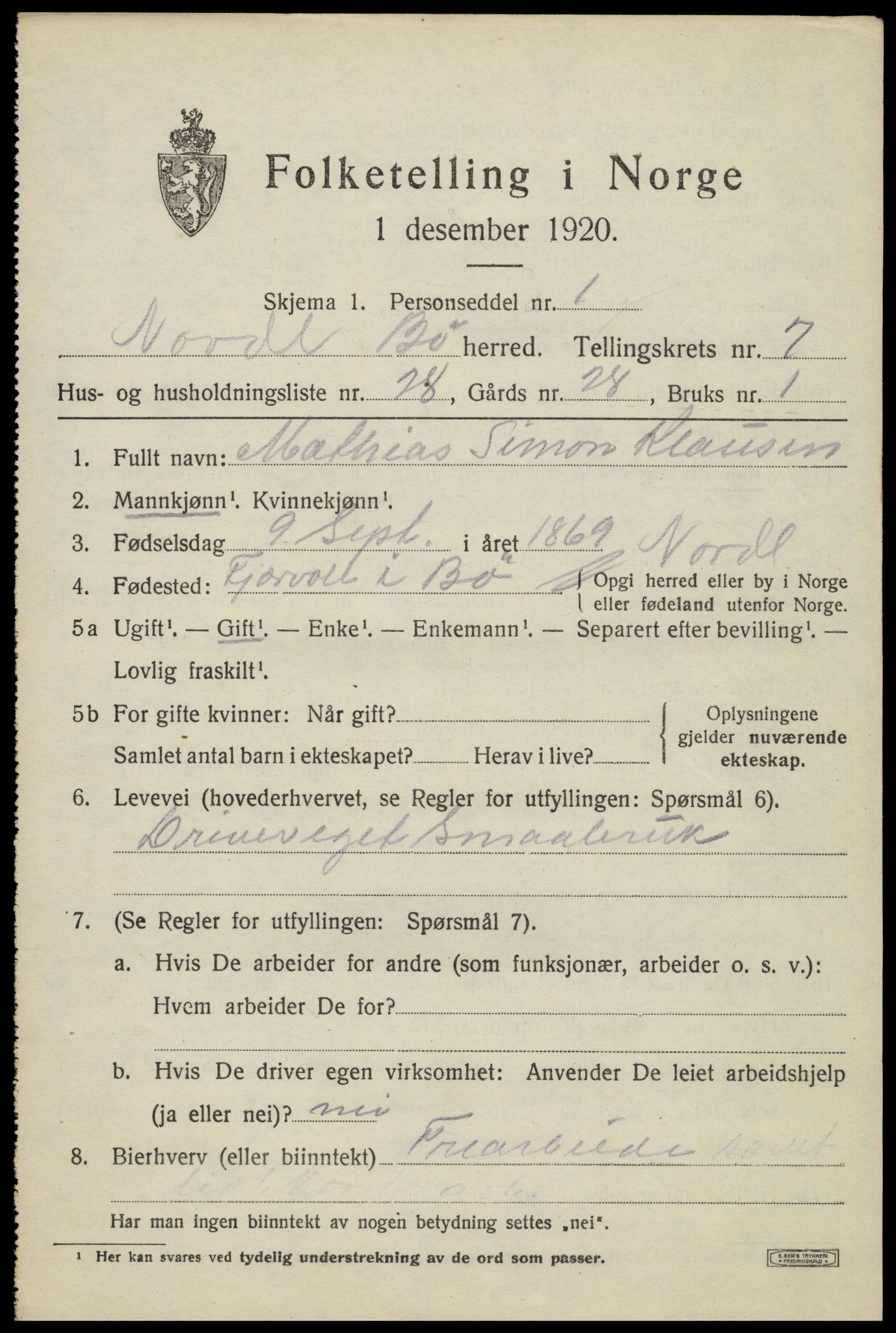 SAT, 1920 census for Bø, 1920, p. 6410