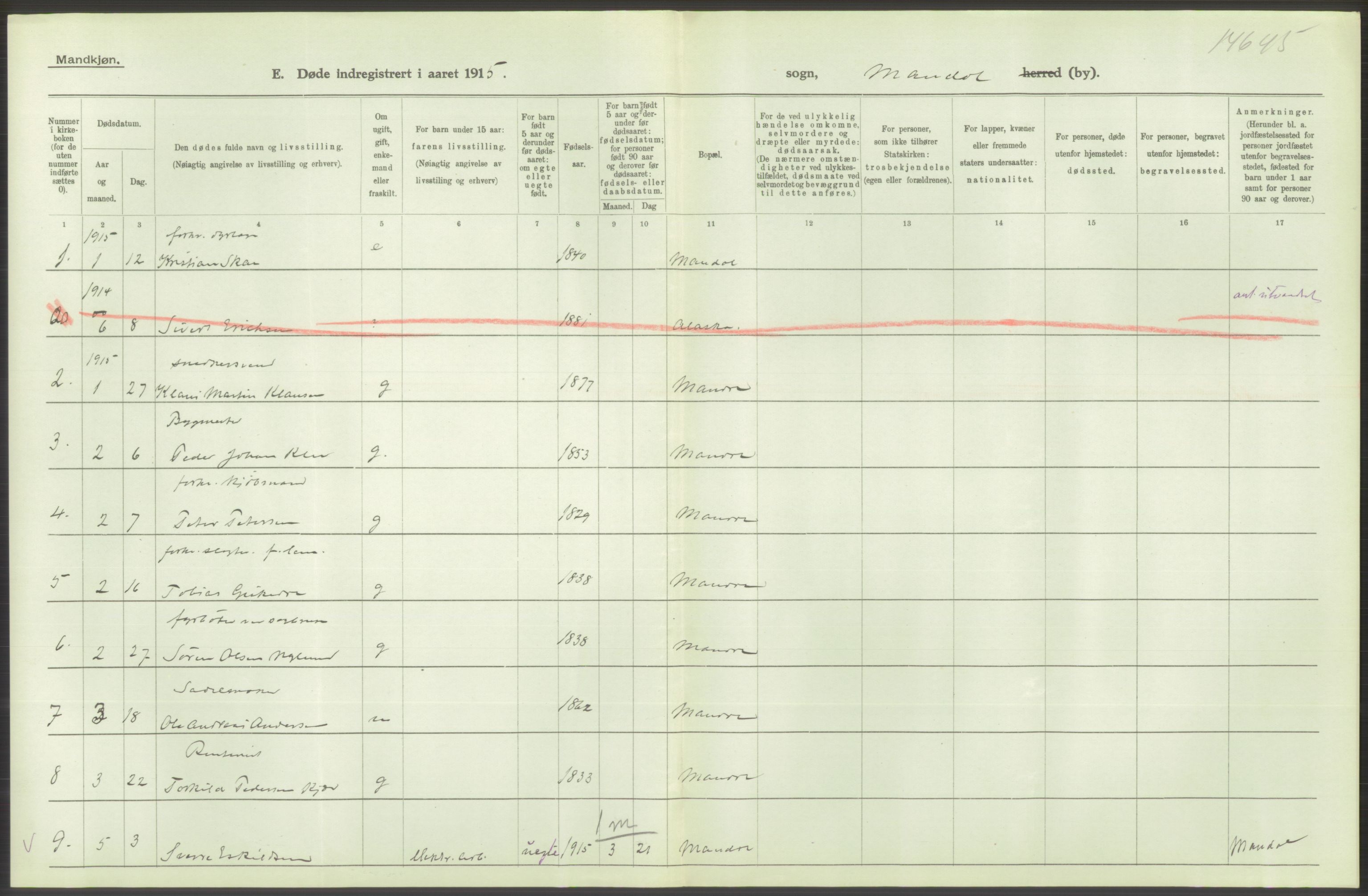 Statistisk sentralbyrå, Sosiodemografiske emner, Befolkning, AV/RA-S-2228/D/Df/Dfb/Dfbe/L0026: Lister og Mandals amt: Døde, dødfødte. Bygder og byer., 1915, p. 336