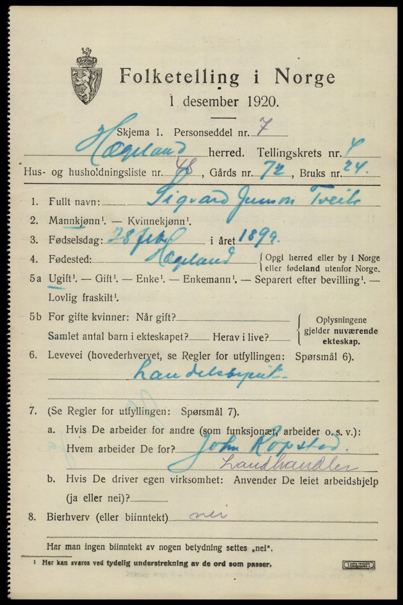 SAK, 1920 census for Hægeland, 1920, p. 1969