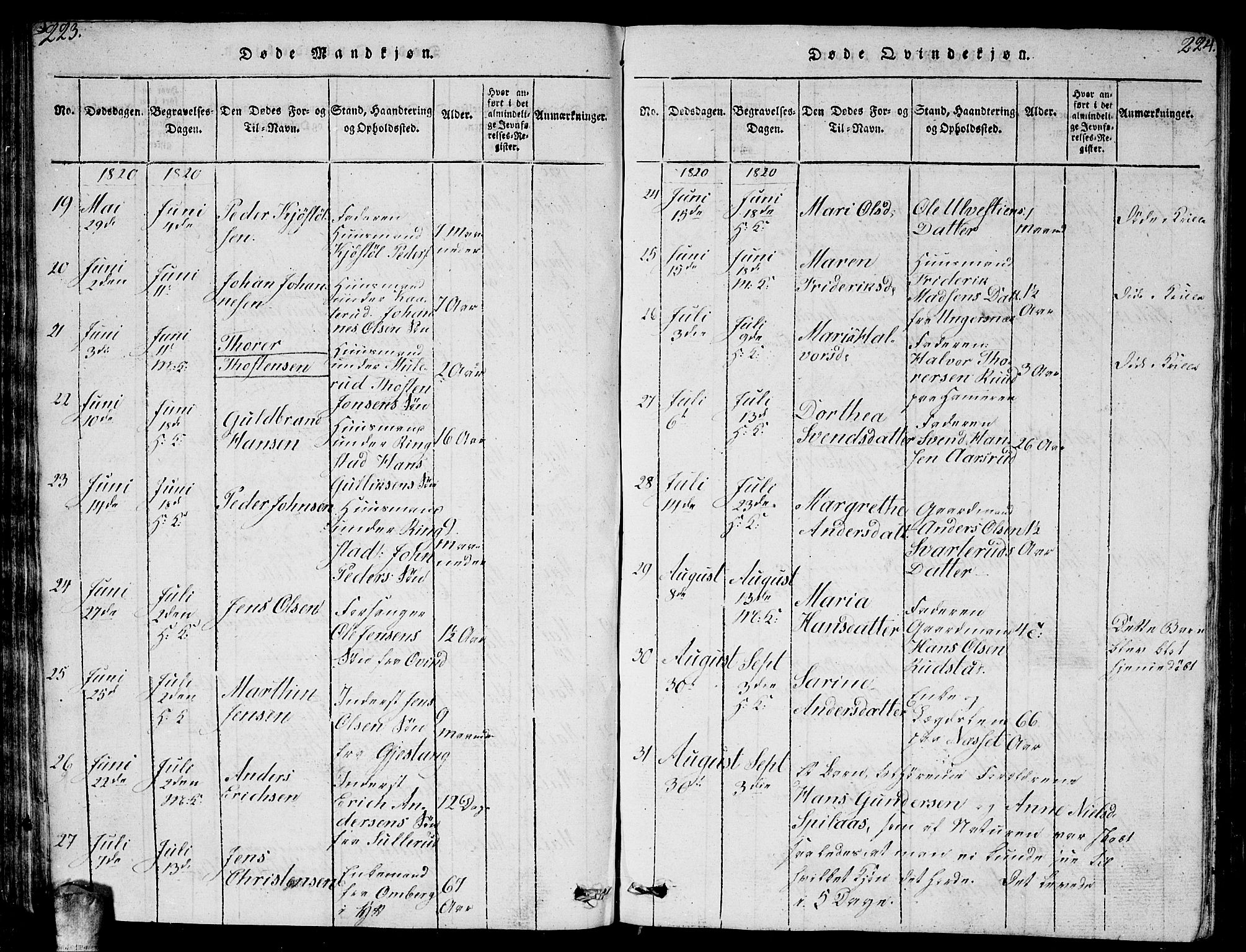 Enebakk prestekontor Kirkebøker, AV/SAO-A-10171c/G/Ga/L0001: Parish register (copy) no. I 1, 1815-1833, p. 223-224