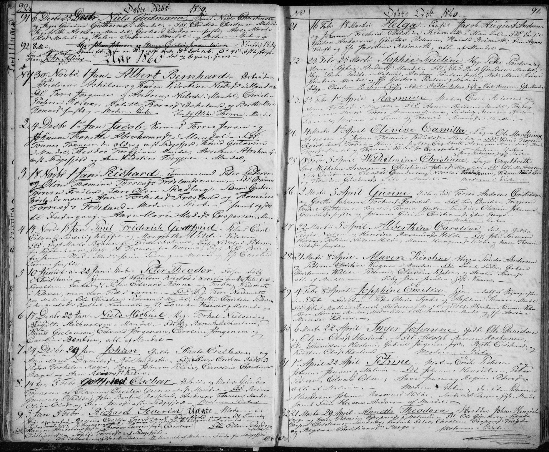 Mandal sokneprestkontor, SAK/1111-0030/F/Fb/Fba/L0008: Parish register (copy) no. B 2, 1854-1868, p. 90-91