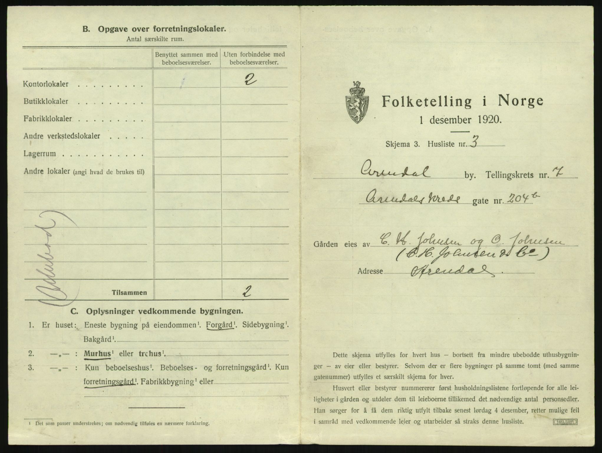 SAK, 1920 census for Arendal, 1920, p. 856