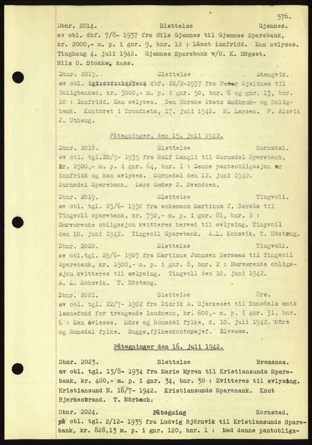 Nordmøre sorenskriveri, AV/SAT-A-4132/1/2/2Ca: Mortgage book no. C81, 1940-1945, Diary no: : 2014/1942