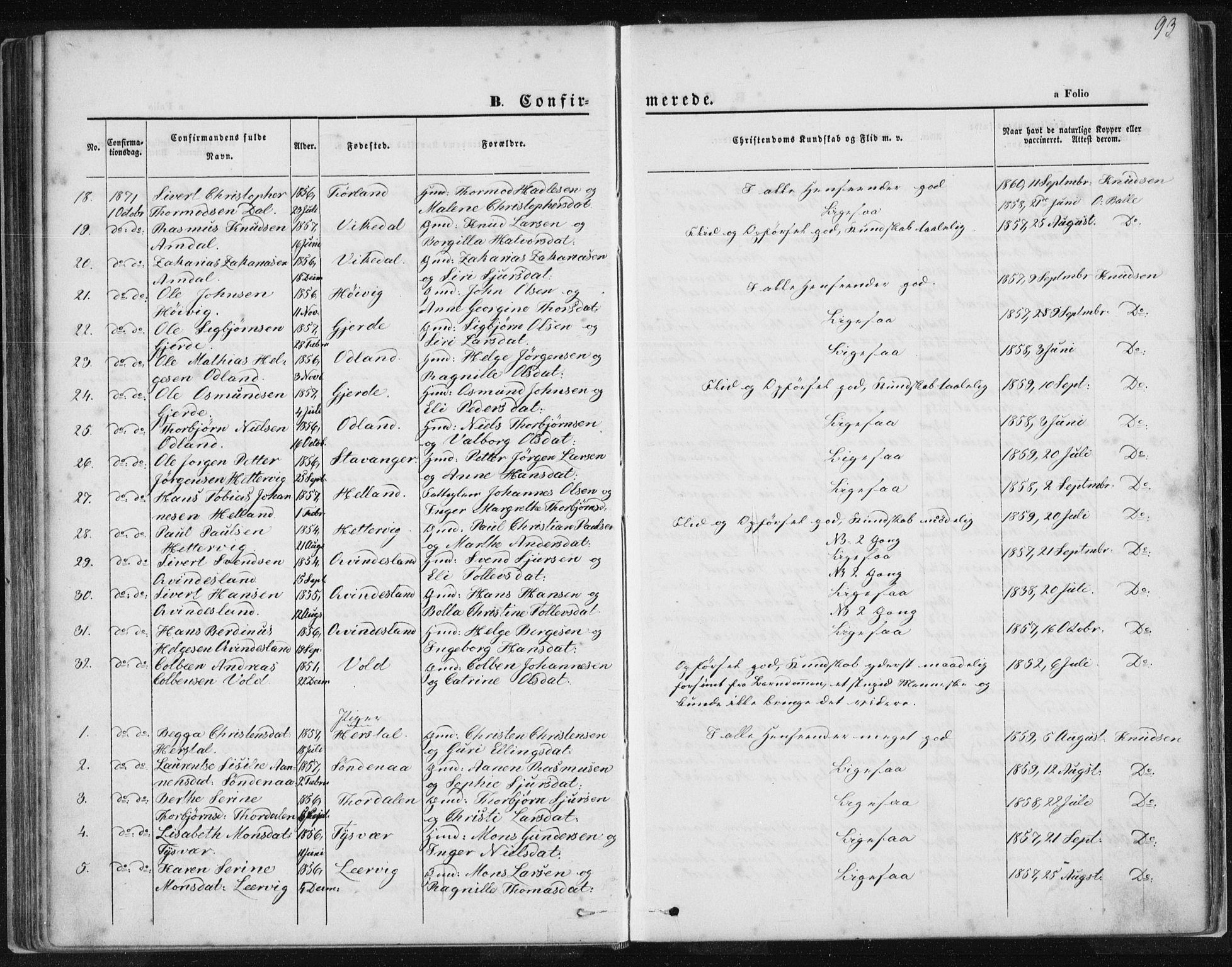 Tysvær sokneprestkontor, SAST/A -101864/H/Ha/Haa/L0005: Parish register (official) no. A 5, 1865-1878, p. 93