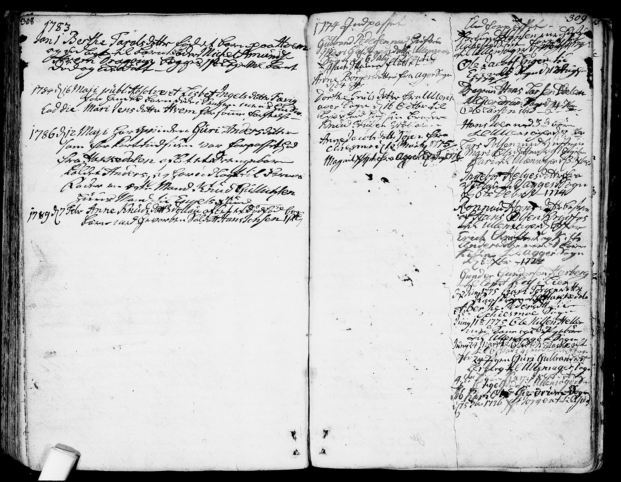 Nannestad prestekontor Kirkebøker, SAO/A-10414a/F/Fa/L0007: Parish register (official) no. I 7, 1754-1791, p. 308-309