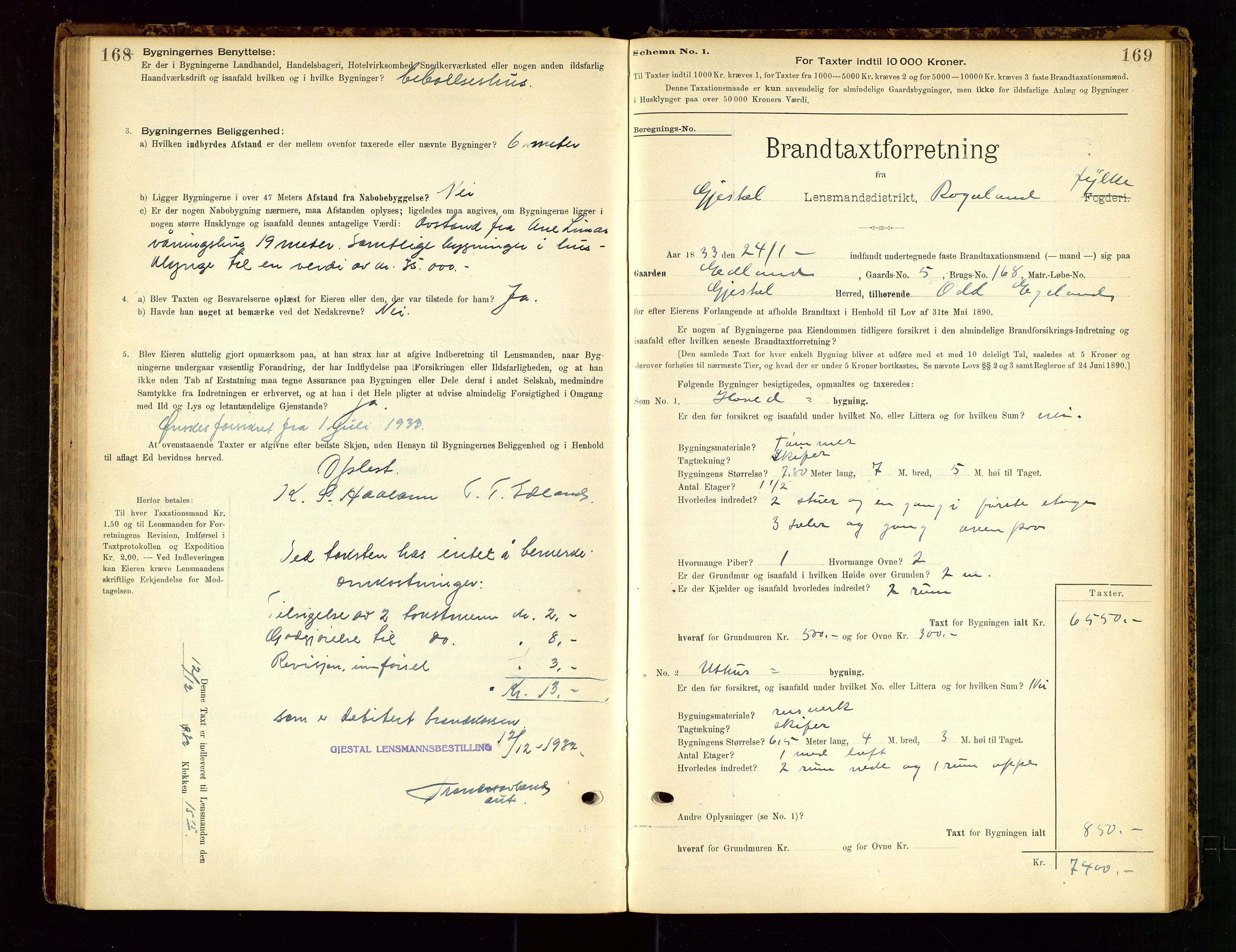 Gjesdal lensmannskontor, AV/SAST-A-100441/Go/L0007: Branntakstskjemaprotokoll, 1894-1937, p. 168-169