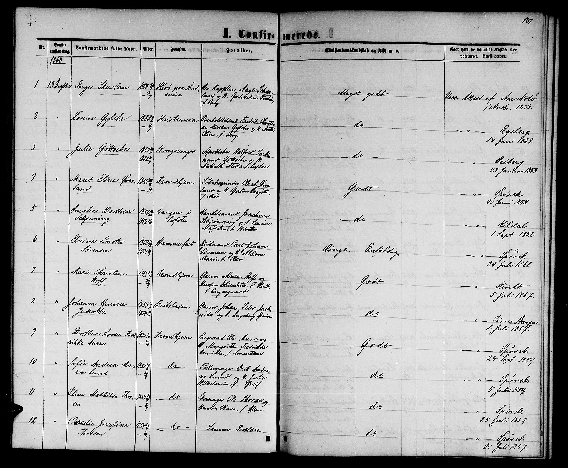 Ministerialprotokoller, klokkerbøker og fødselsregistre - Sør-Trøndelag, AV/SAT-A-1456/601/L0087: Parish register (copy) no. 601C05, 1864-1881, p. 187