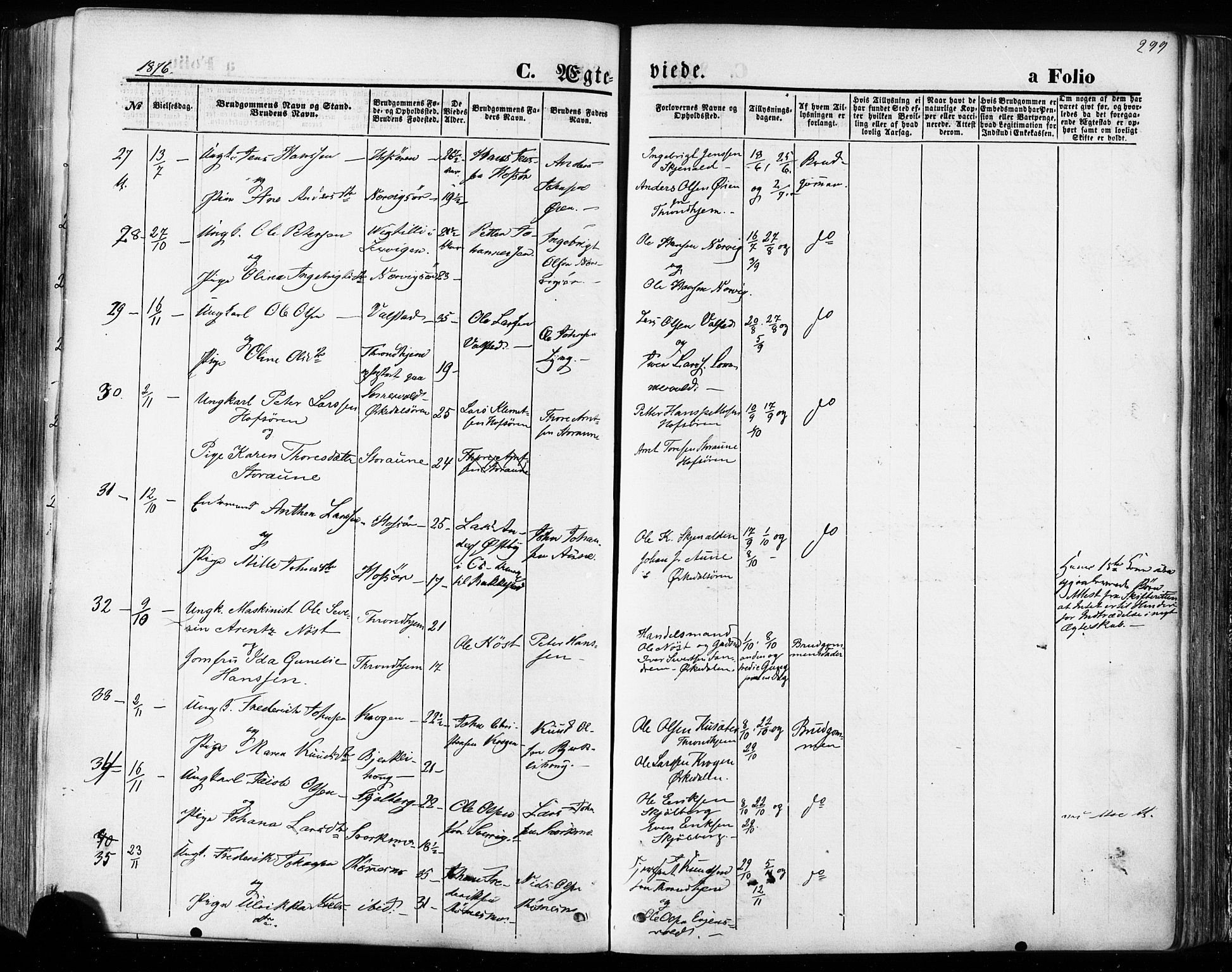 Ministerialprotokoller, klokkerbøker og fødselsregistre - Sør-Trøndelag, SAT/A-1456/668/L0807: Parish register (official) no. 668A07, 1870-1880, p. 299