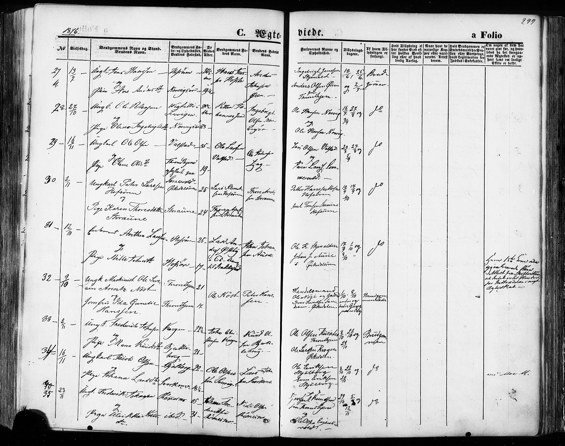 Ministerialprotokoller, klokkerbøker og fødselsregistre - Sør-Trøndelag, AV/SAT-A-1456/668/L0807: Parish register (official) no. 668A07, 1870-1880, p. 299