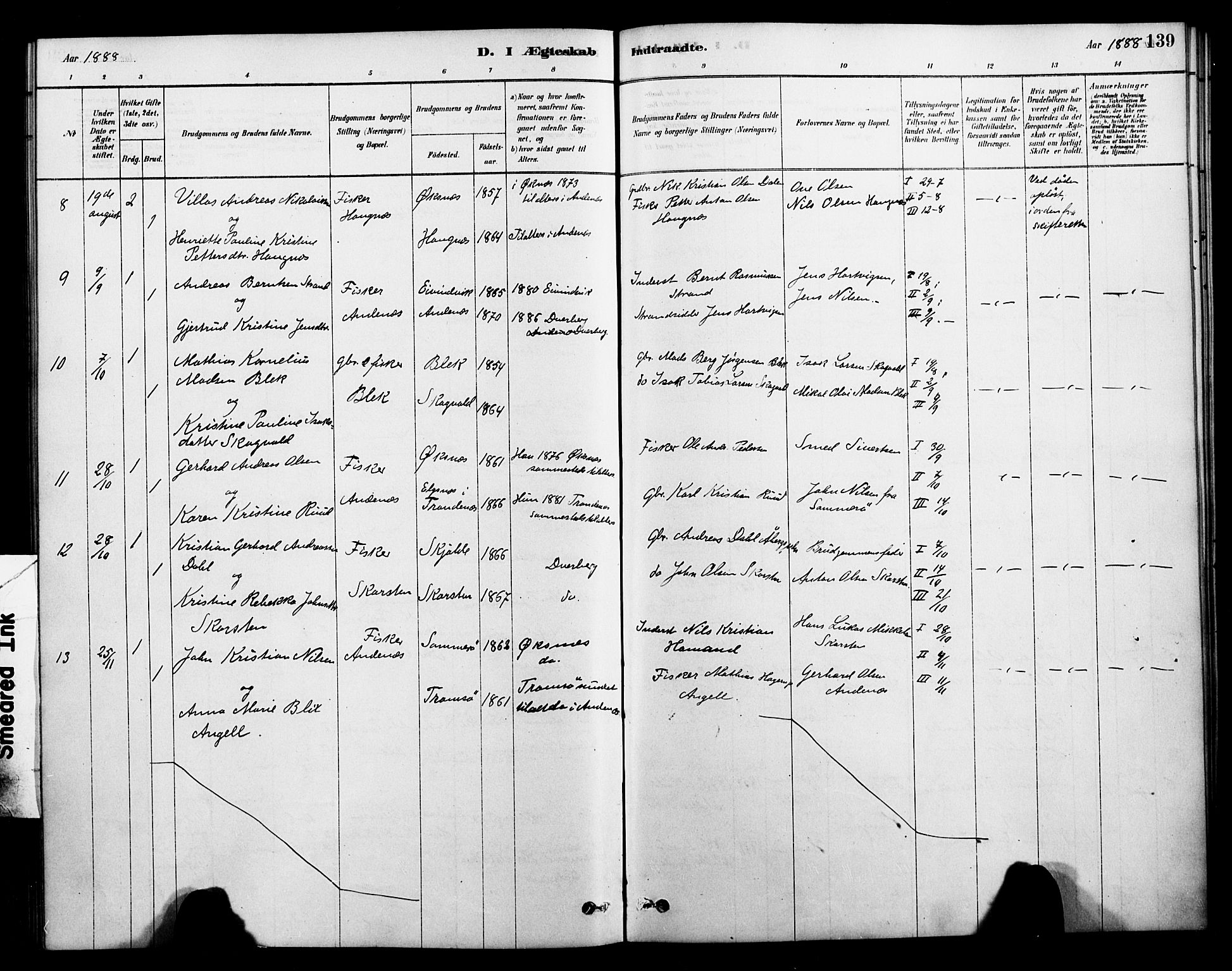 Ministerialprotokoller, klokkerbøker og fødselsregistre - Nordland, SAT/A-1459/899/L1436: Parish register (official) no. 899A04, 1881-1896, p. 139