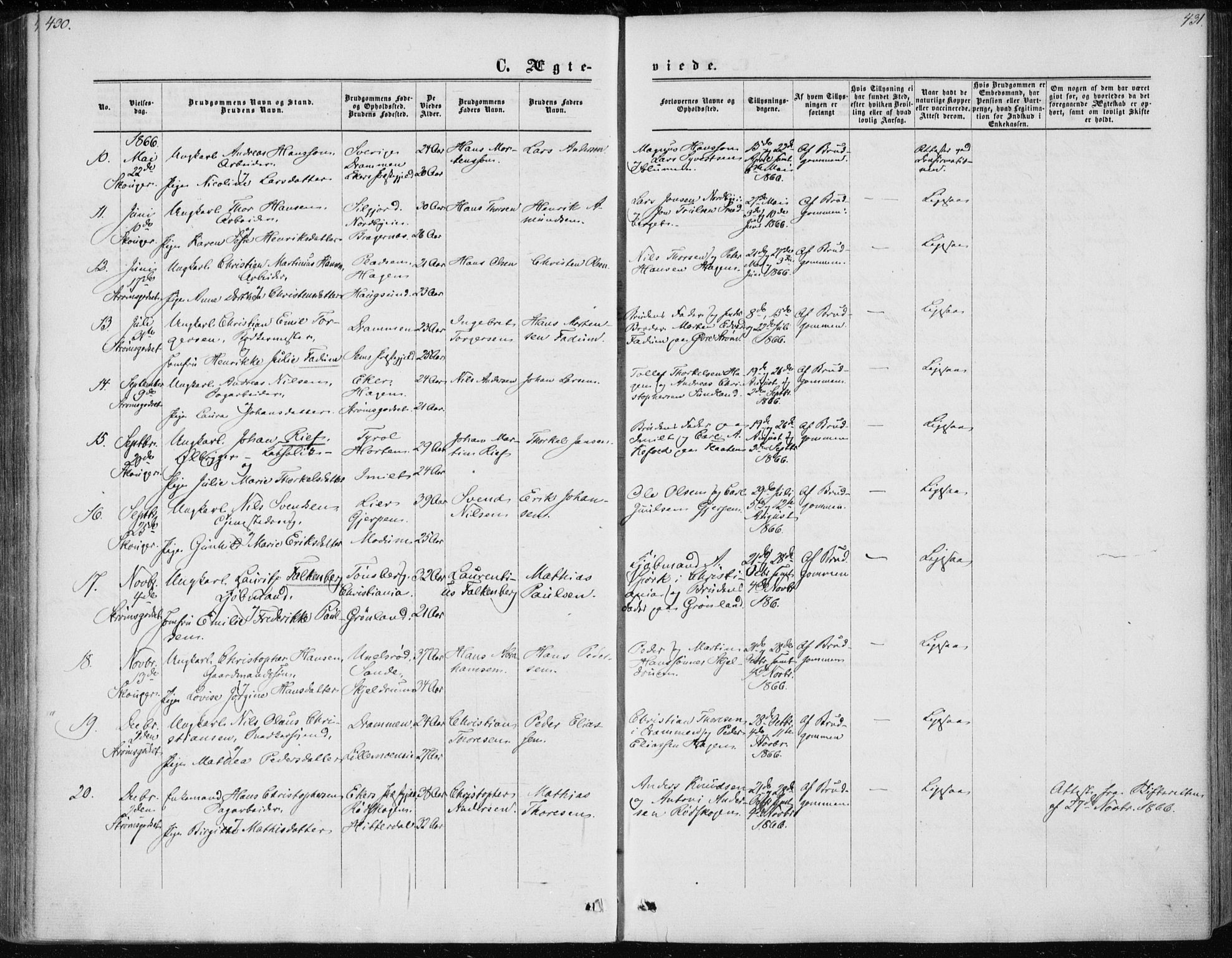 Skoger kirkebøker, SAKO/A-59/F/Fa/L0004: Parish register (official) no. I 4, 1862-1872, p. 430-431