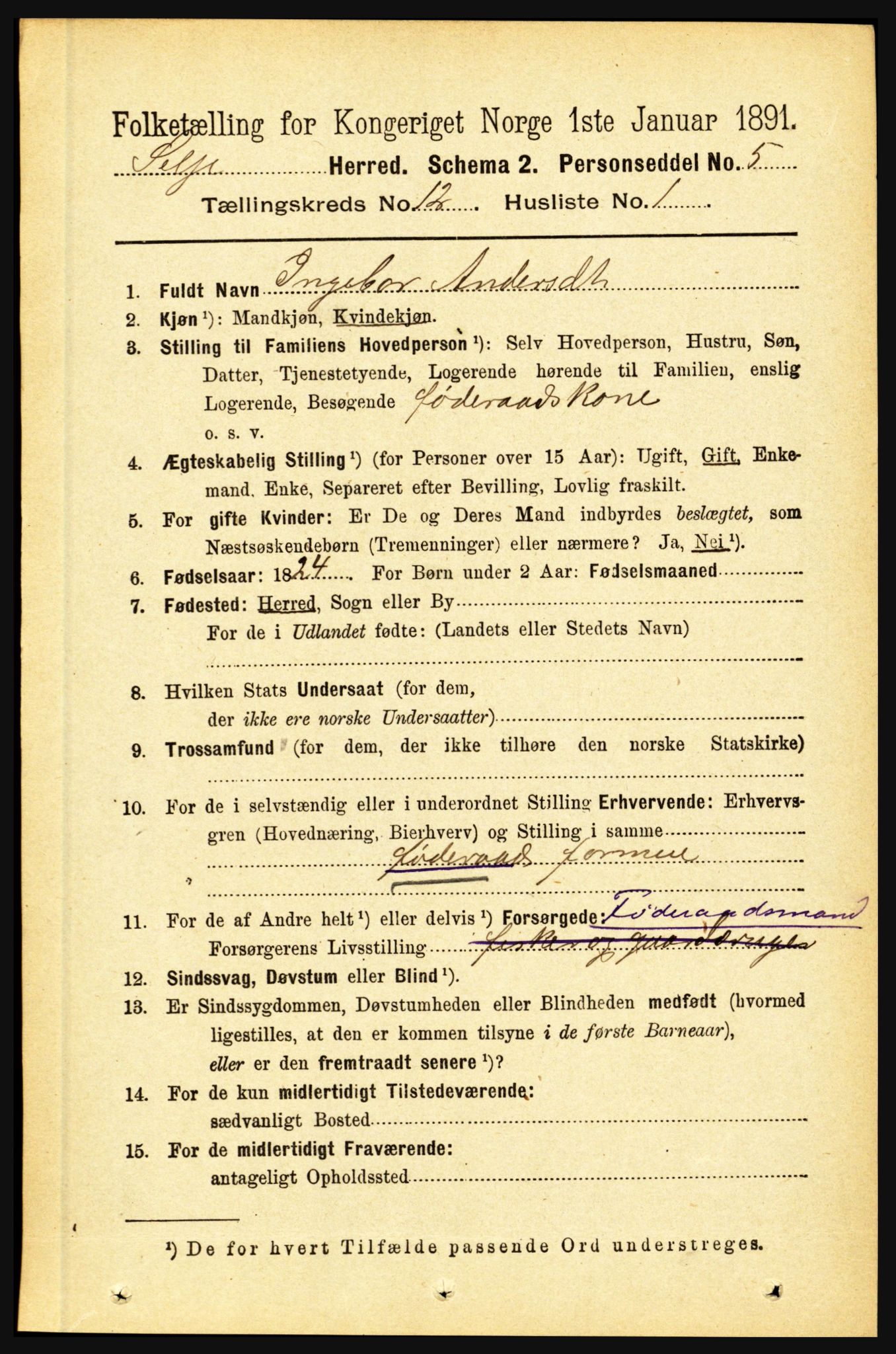 RA, 1891 census for 1441 Selje, 1891, p. 3695