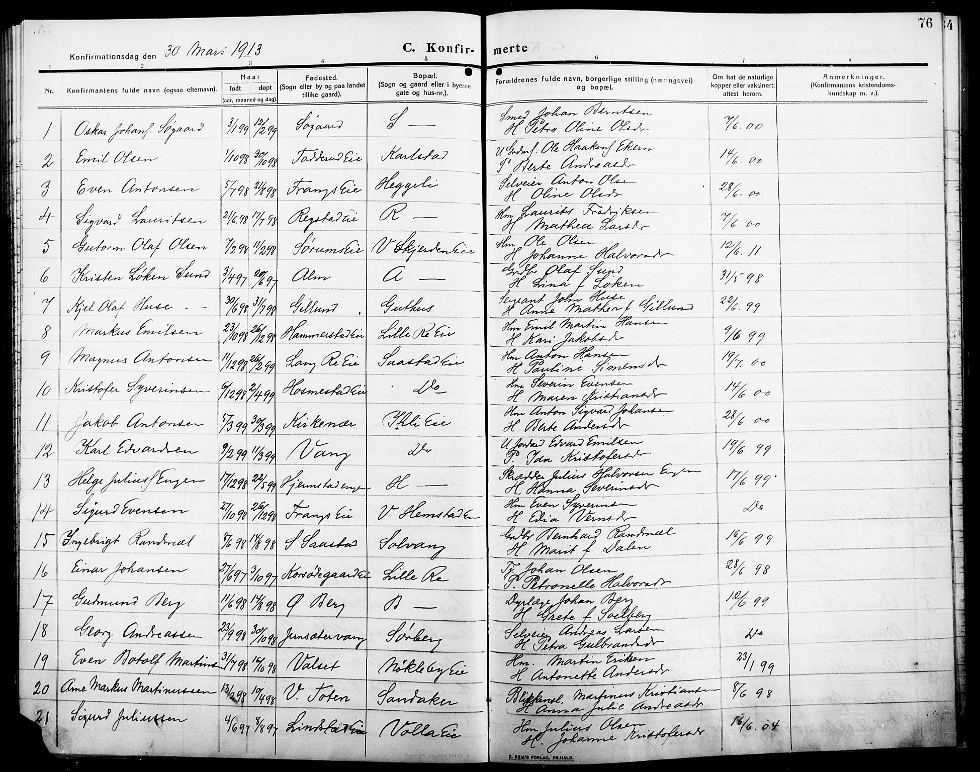 Stange prestekontor, SAH/PREST-002/L/L0014: Parish register (copy) no. 14, 1909-1917, p. 76