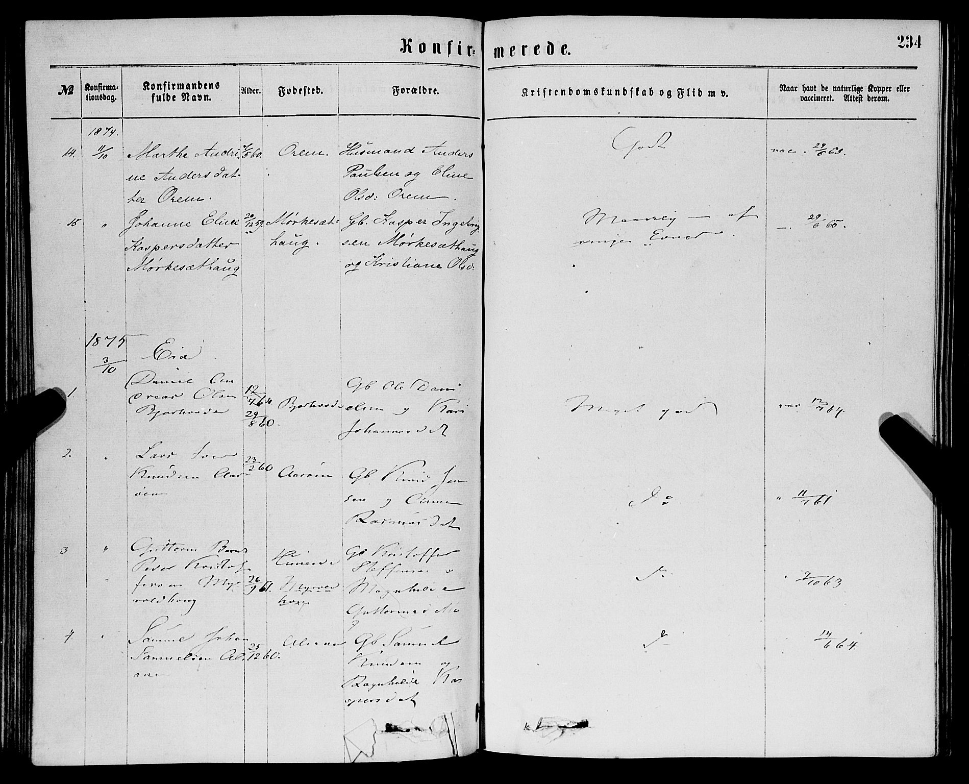 Eid sokneprestembete, SAB/A-82301/H/Haa/Haaa/L0010: Parish register (official) no. A 10, 1867-1878, p. 234